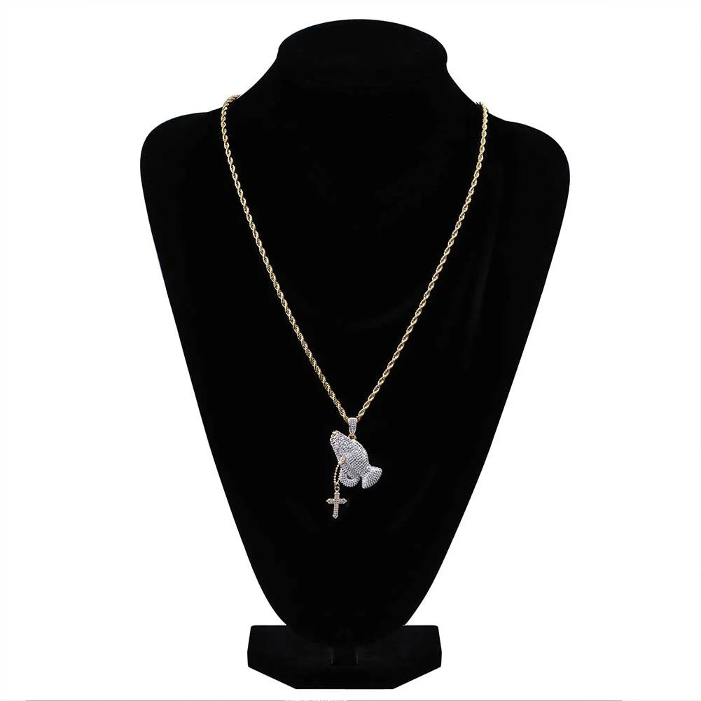 Iced Out CZ Praying Hands Cross Pendant Necklace - Elegant Religious Jewelry for Women - Perfect for Church, Weddings & Special Occasions