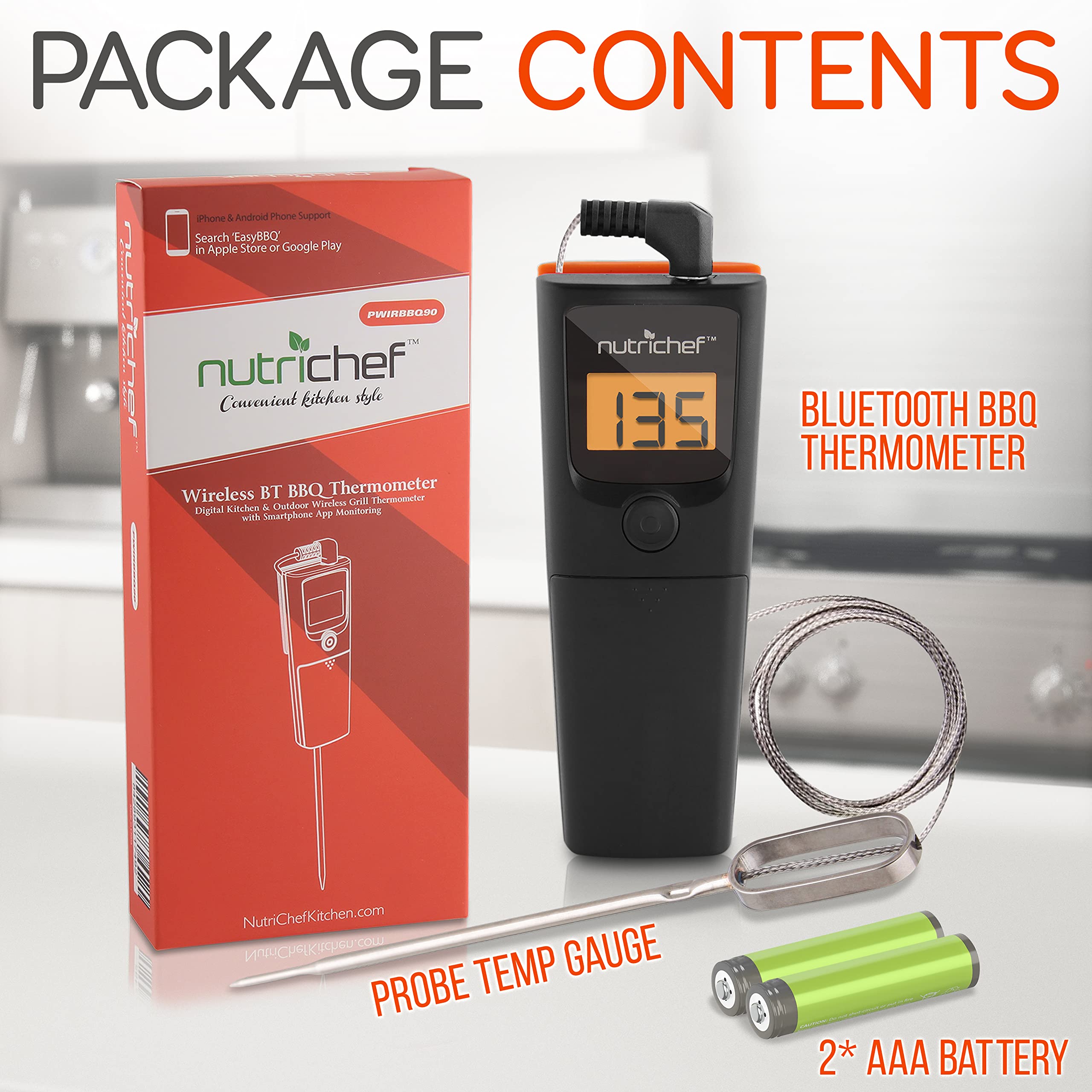 NutriChef Bluetooth Grill BBQ Meat Thermometer - Wireless Digital Cooking Thermometer with 150 ft Range, Timer & Alarm for Smoker, Oven, Kitchen - Perfect for Grilling, Smoking, Roasting & Baking