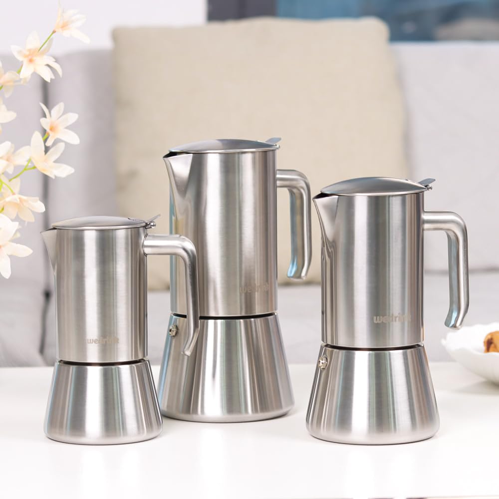 Wedrink Stovetop Espresso Maker - 4 Cup (6.5 oz) Stainless Steel Moka Pot for Greca Coffee - Works on Induction, Electric & Gas Stoves - Perfect for Home Brewing, Camping & Office Use
