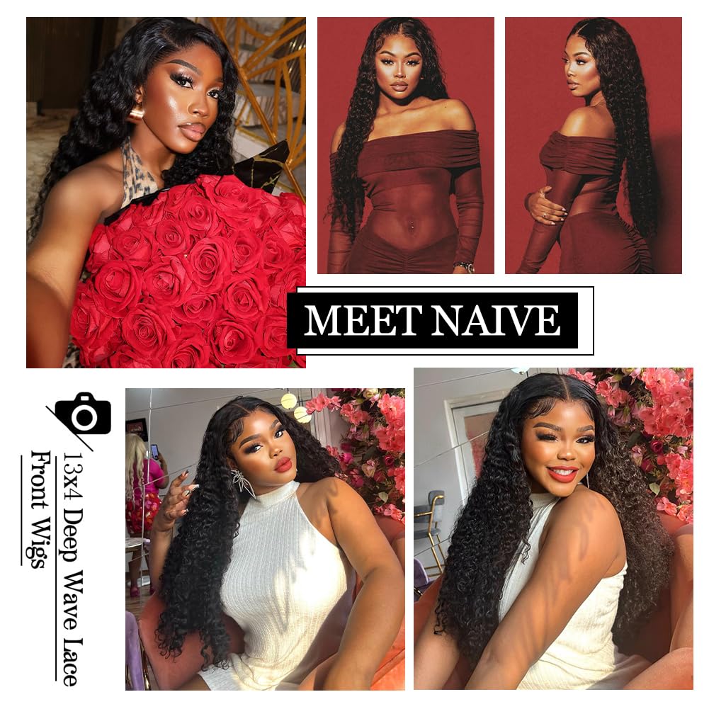 22 Inch Deep Wave Lace Front Wig Human Hair 200% Density 13x4 HD Curly Lace Frontal Glueless Wig for Women - Pre Plucked Natural Black Color for Daily Wear, Parties & Special Occasions