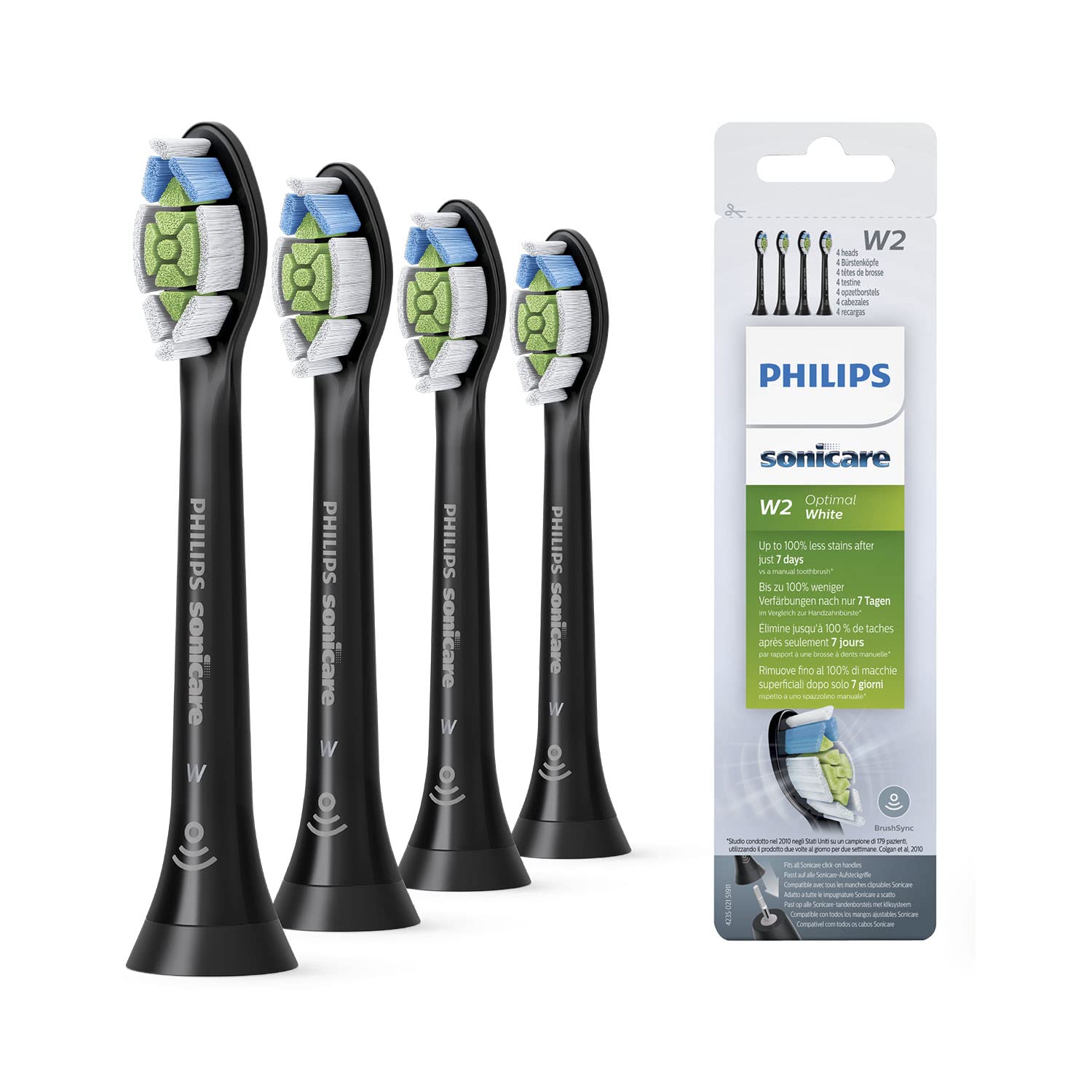 Philips Sonicare W2 Optimal White Replacement Toothbrush Heads - 4 Pack for HX Series Electric Toothbrushes | Deep Cleaning & Whitening | Perfect for Travel & Daily Oral Care