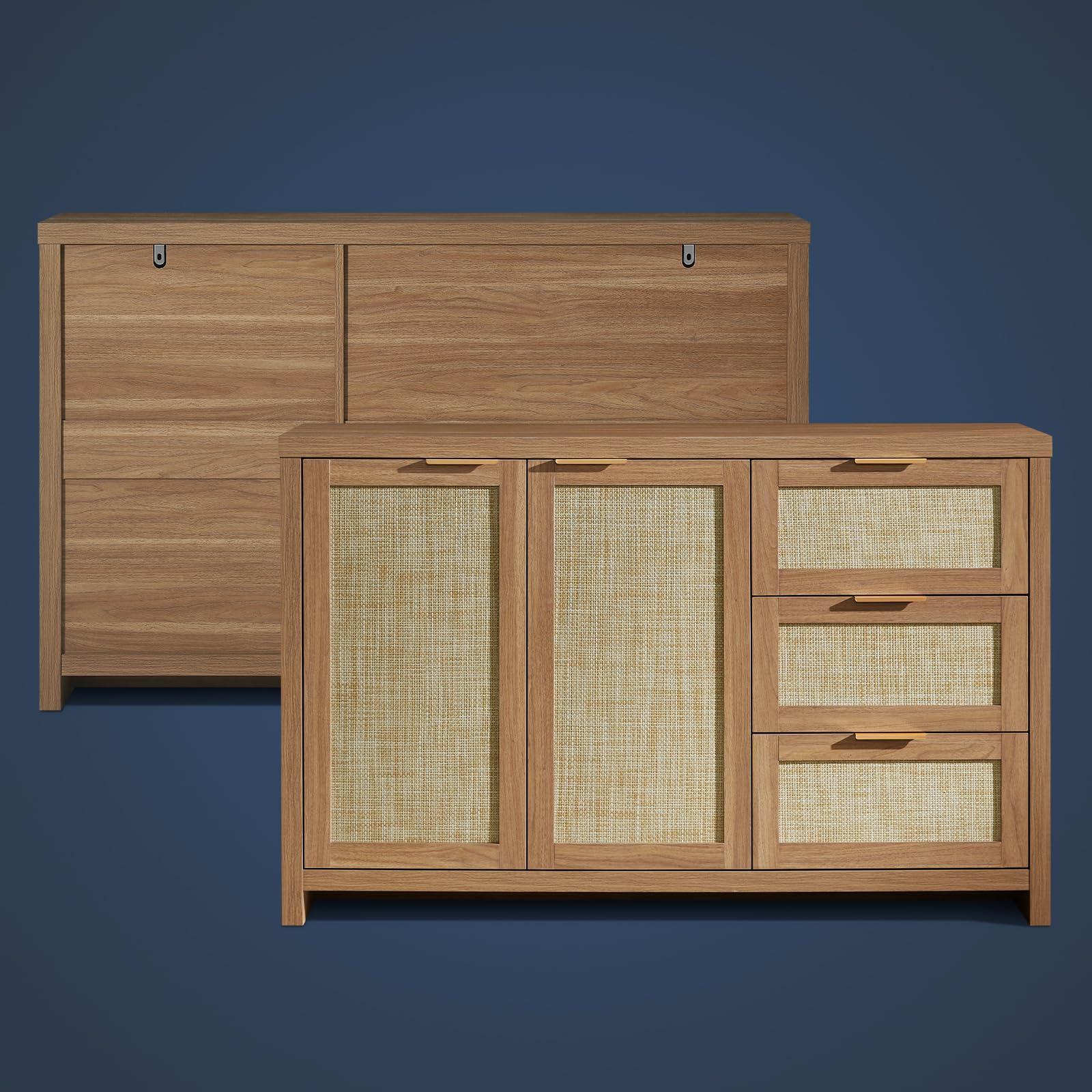 Rattan Sideboard Cabinet with 3 Drawers & 2 Doors - Kitchen Storage Organizer, Buffet Cabinet & Accent Console Table for Living Room, Hallway or Bar | Weathered Oak Finish | Perfect for Small Space Organization & Home Decor