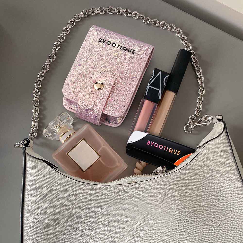 TheLAShop Glitter Lipstick Bag with Mirror - Waterproof Cosmetic Pouch for Double Lipsticks & Airpods - Perfect for Travel, Parties & Everyday Makeup Organizer