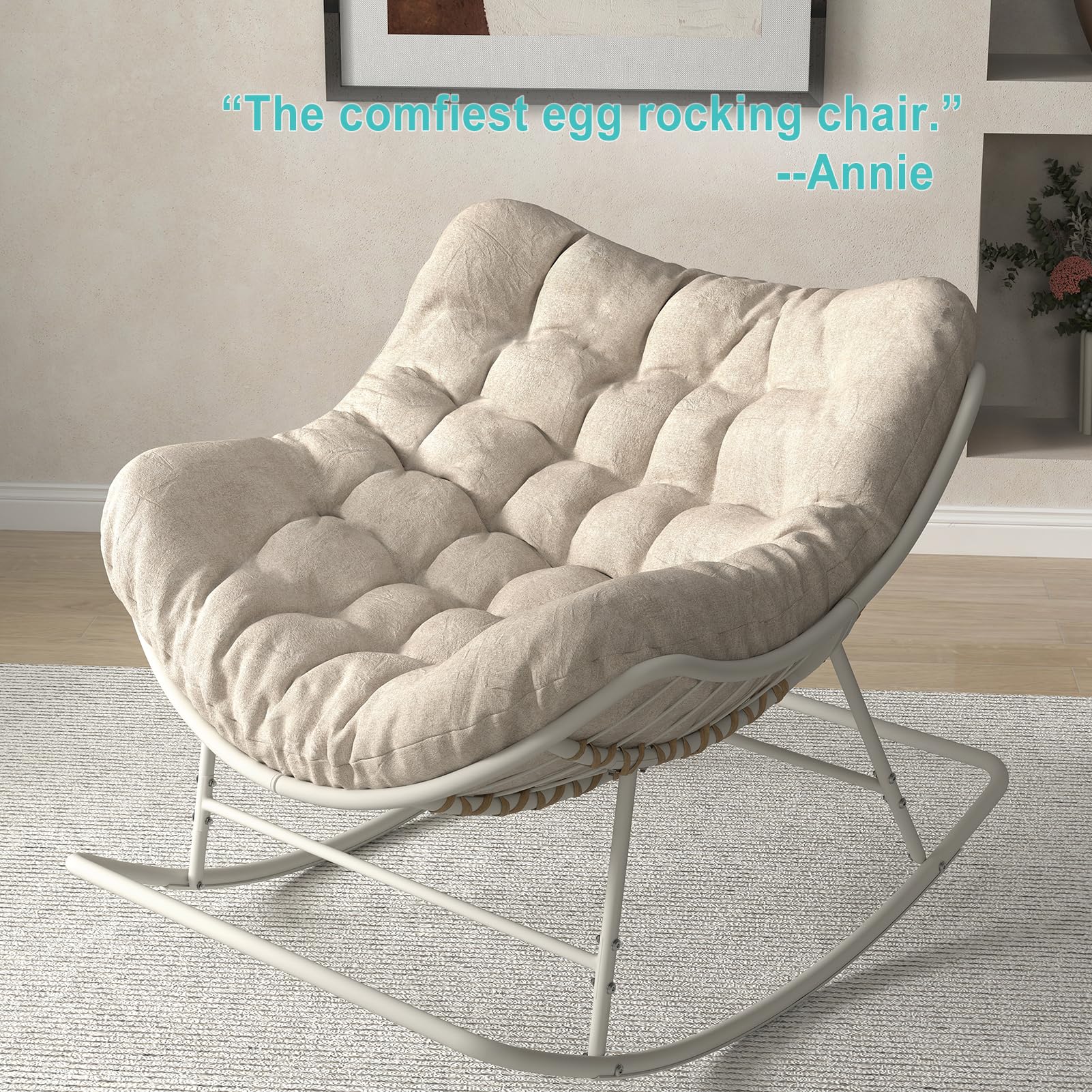 SWITTE Papasan Rocking Chair with Cushion - Oversized Egg Lounge Rocker for Indoor & Outdoor Use - Cream - Perfect for Patio, Garden, Living Room and Nursery Relaxation
