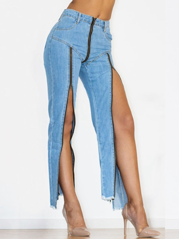 ZASUWA Women's High Waist Stretch Denim Flare Leggings with Zipper - Trendy Casual Pants for Everyday Wear, Work & Date Night Outfits