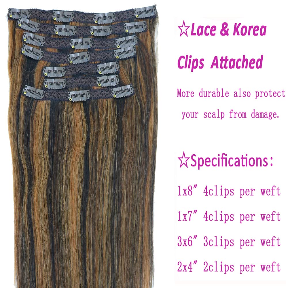 16inch Real Human Hair Clip In Extensions - 16.5inch Length, 100g Double Wefted with Thick Ends & Silky Soft Texture in Piano/Off Black/Chestnut Blonde Highlights | Perfect for Daily Styling, Parties & Special Occasions