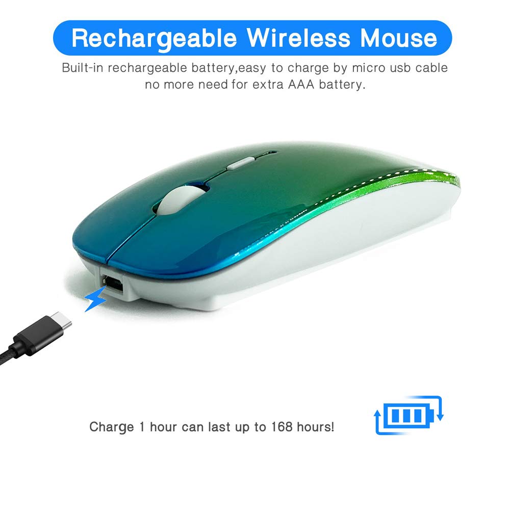 Rechargeable Bluetooth Mouse for MacBook, MacBook Air, MacBook Pro, iPad - Wireless Mouse for Laptop, Notebook, PC, Chromebook (BT/A Green-Blue) - Perfect for Work, Travel, and Home Office Use