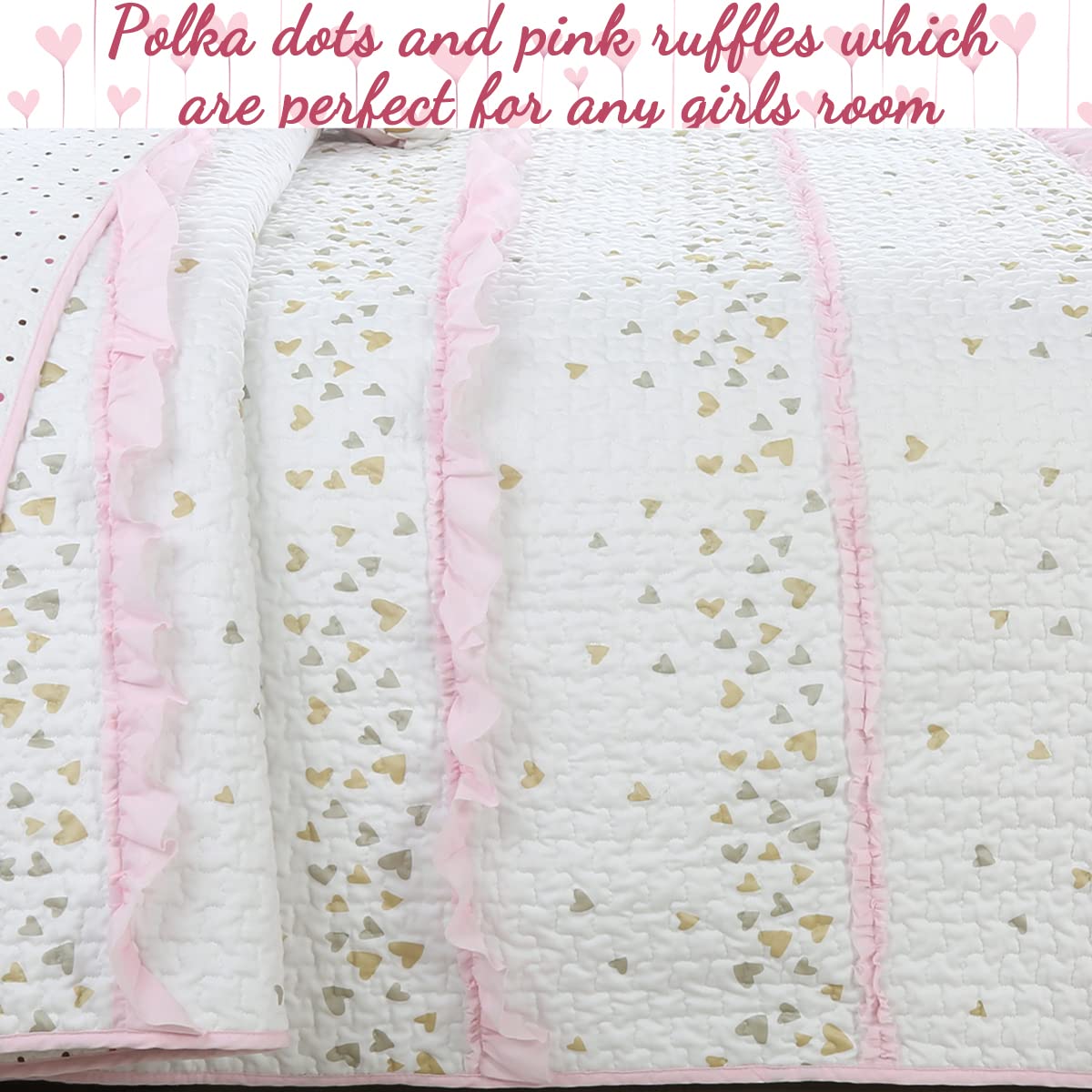 Pink Ruffle Metallic Printed Hearts Reversible Quilt Bedding Set - 3 Piece Queen Size (1 Quilt + 2 Shams) | Cozy Line Home Fashions | Soft Cotton Coverlet & Bedspread | Perfect for Girls' Bedroom, Nursery Decor or Valentine's Day Gift