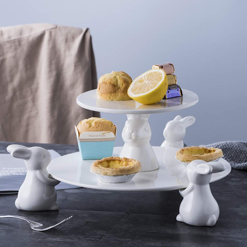 White Double Layer Ceramic Cake Stand - Round Stackable Rabbit Cupcake & Dessert Stand for Tea Party, Pastry Serving Platter, Bunny Candy Dish - Perfect for Birthday Parties, Baby Showers & Wedding Dessert Displays