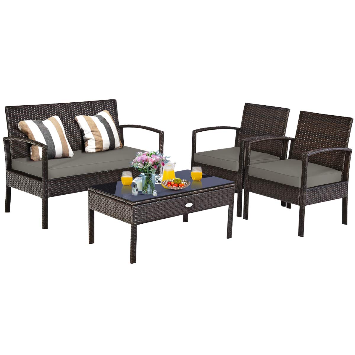 Tangkula 4-Piece Brown Wicker Patio Furniture Set - Outdoor Rattan Chairs & Coffee Table with Washable Cushions for Garden, Balcony, Courtyard | Perfect for Relaxing, Entertaining & Outdoor Dining