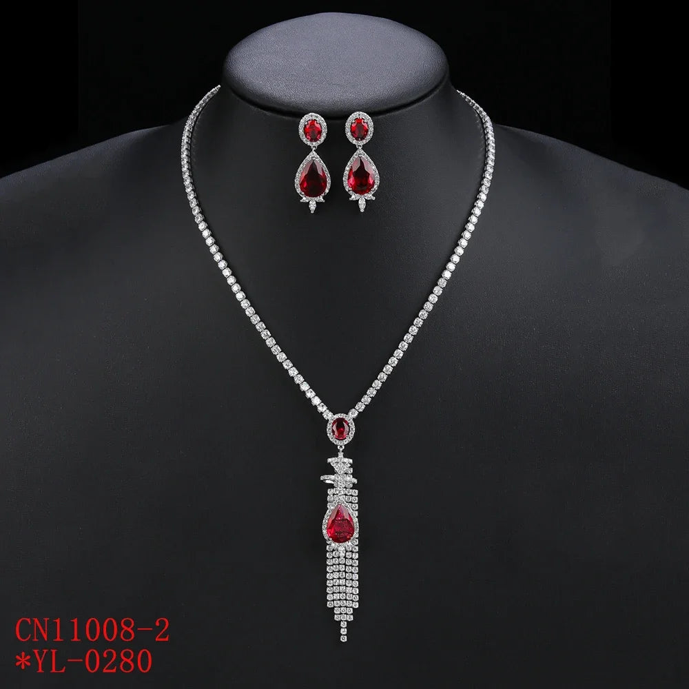 Elegant CZ Cubic Zirconia Long Tassel Pendant Necklace & Earrings Set for Women - Bridal Wedding Jewelry Gift Set (CN11008) | Perfect for Weddings, Anniversaries and Special Occasions