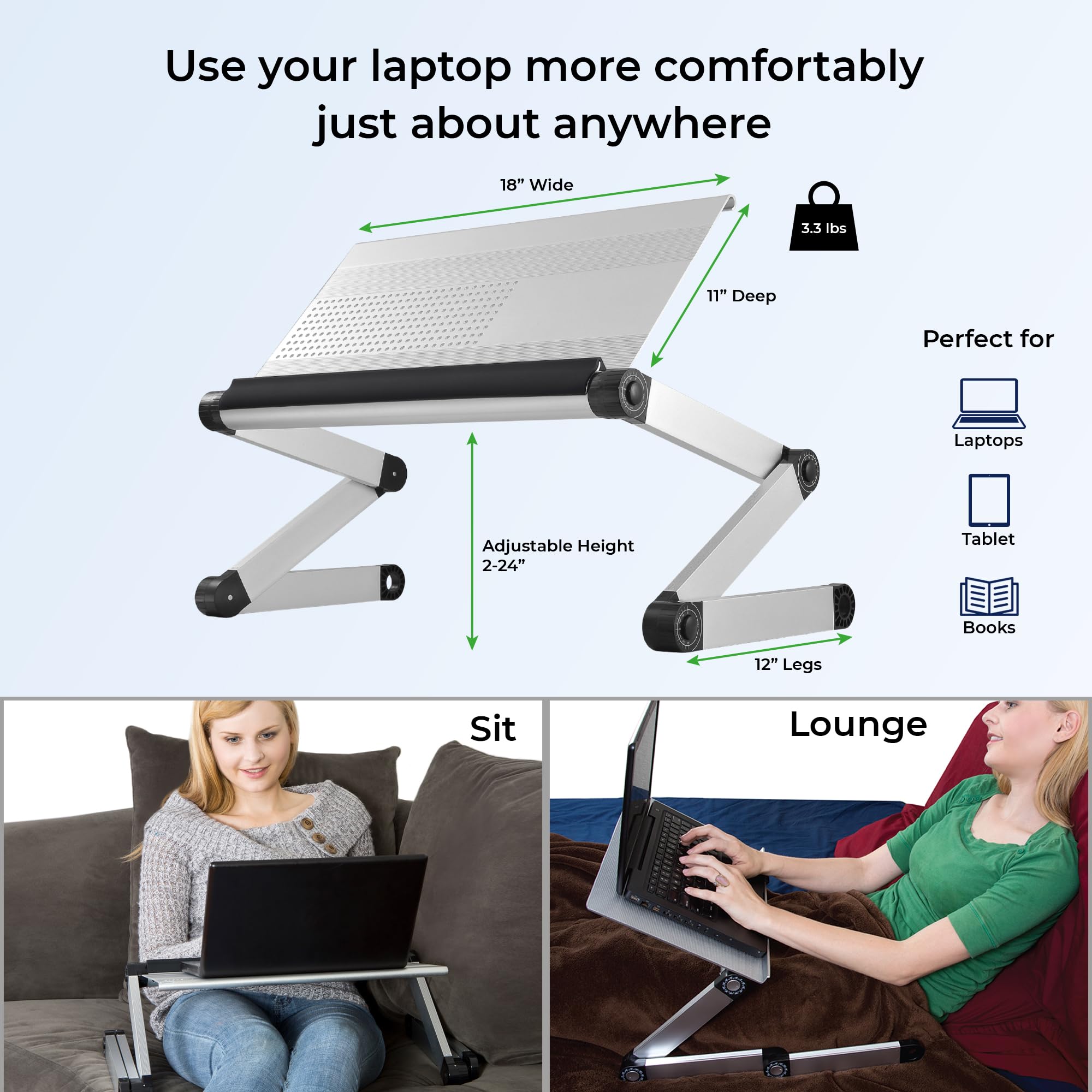 Uncaged Ergonomics WorkEZ Executive Adjustable Laptop Stand - Foldable Aluminum Computer Riser with Cooling, Height-Adjustable Notebook Holder for Desk, Silver - Perfect for Home Office and Workspace