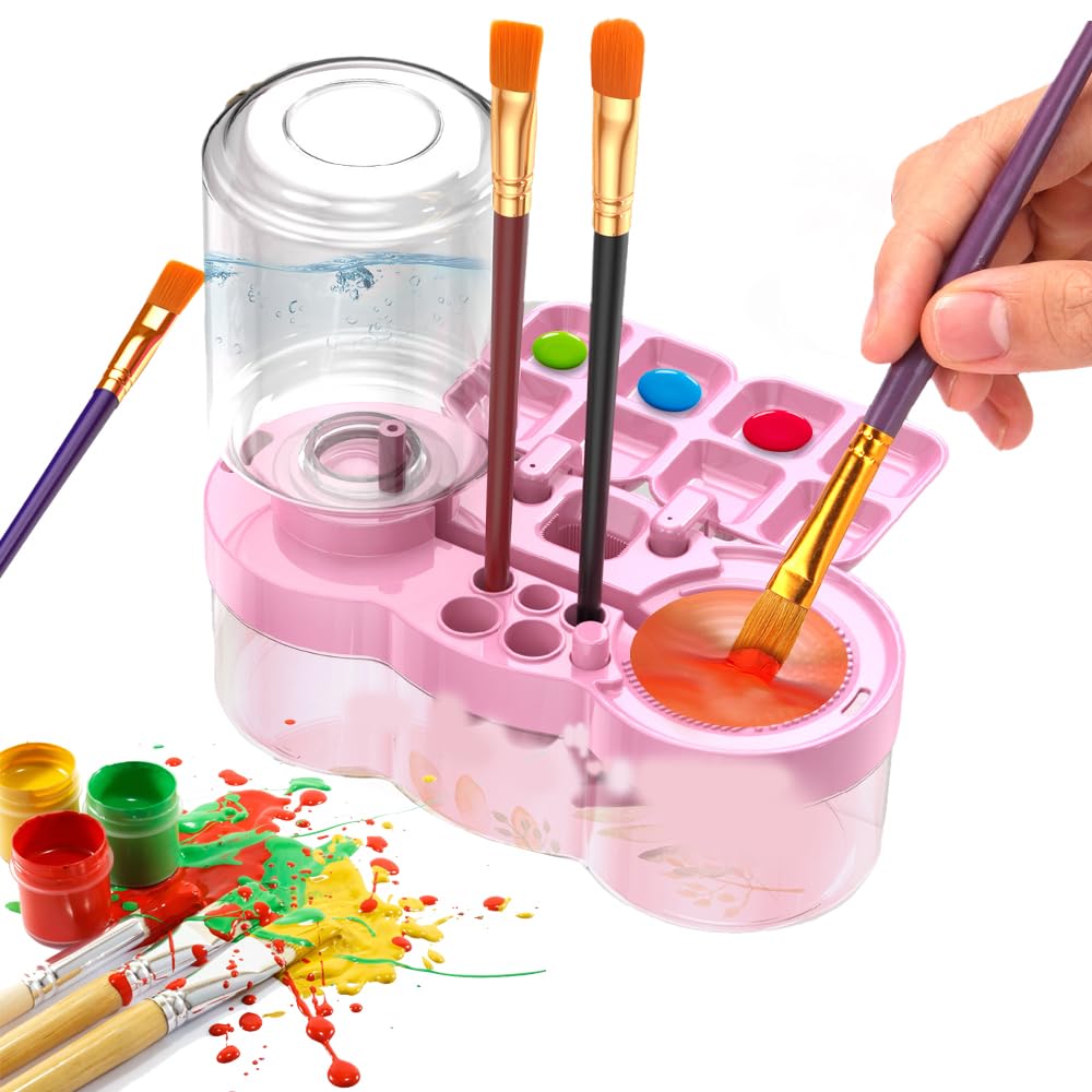 2025 New 6-in-1 Paint Brush Cleaner with Paint Tray & Water Dispenser - Acrylic Water-Based Art Brush Washer Tool (Pink) - Perfect for Artists, DIY Projects & Classroom Painting Supplies