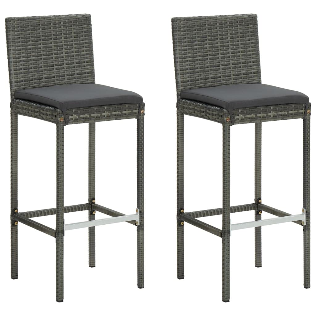 2-Piece Gray Poly Rattan Garden Bar Stools with Cushions - Outdoor Patio, Poolside & Backyard Seating Furniture for Relaxing & Entertaining