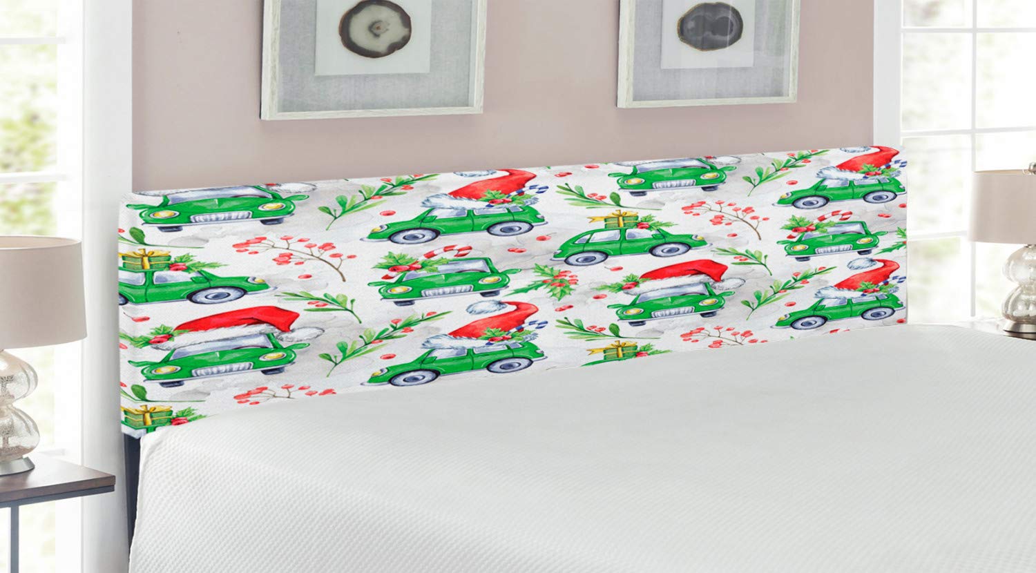 Ambesonne Cars Headboard - Christmas Noel New Year Decor with Green Cars & Santa Hats, Upholstered Metal Bed Headboard with Memory Foam, King Size in Lime Green & Scarlet - Perfect for Holiday Bedroom Decorations & Festive Home Styling