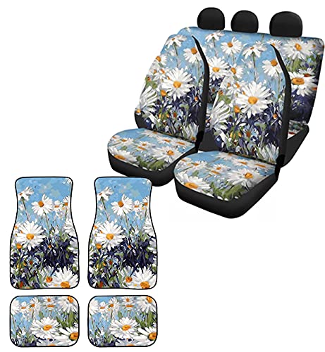 Daisy Print Front & Back Car Seat Covers for Women & Men - Soft, Washable Car Seat Protectors with Matching Floor Mats - Perfect for Sedans, SUVs & Road Trips