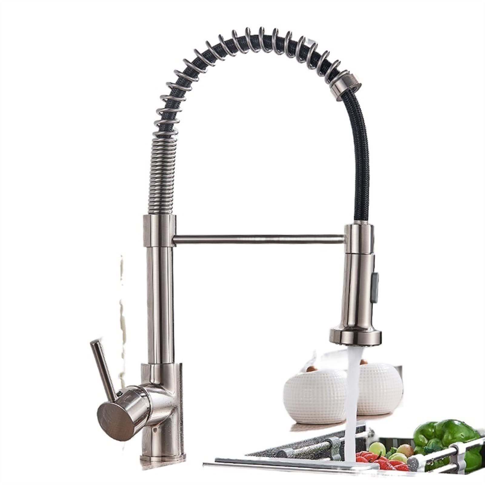 Premium Brushed Nickel Pull Down Kitchen Faucet with 360° Swivel Sprayer - Hot & Cold Water Mixer Tap with Black Hose for Modern Sink (Ideal for Cooking, Washing Dishes & Filling Pots)