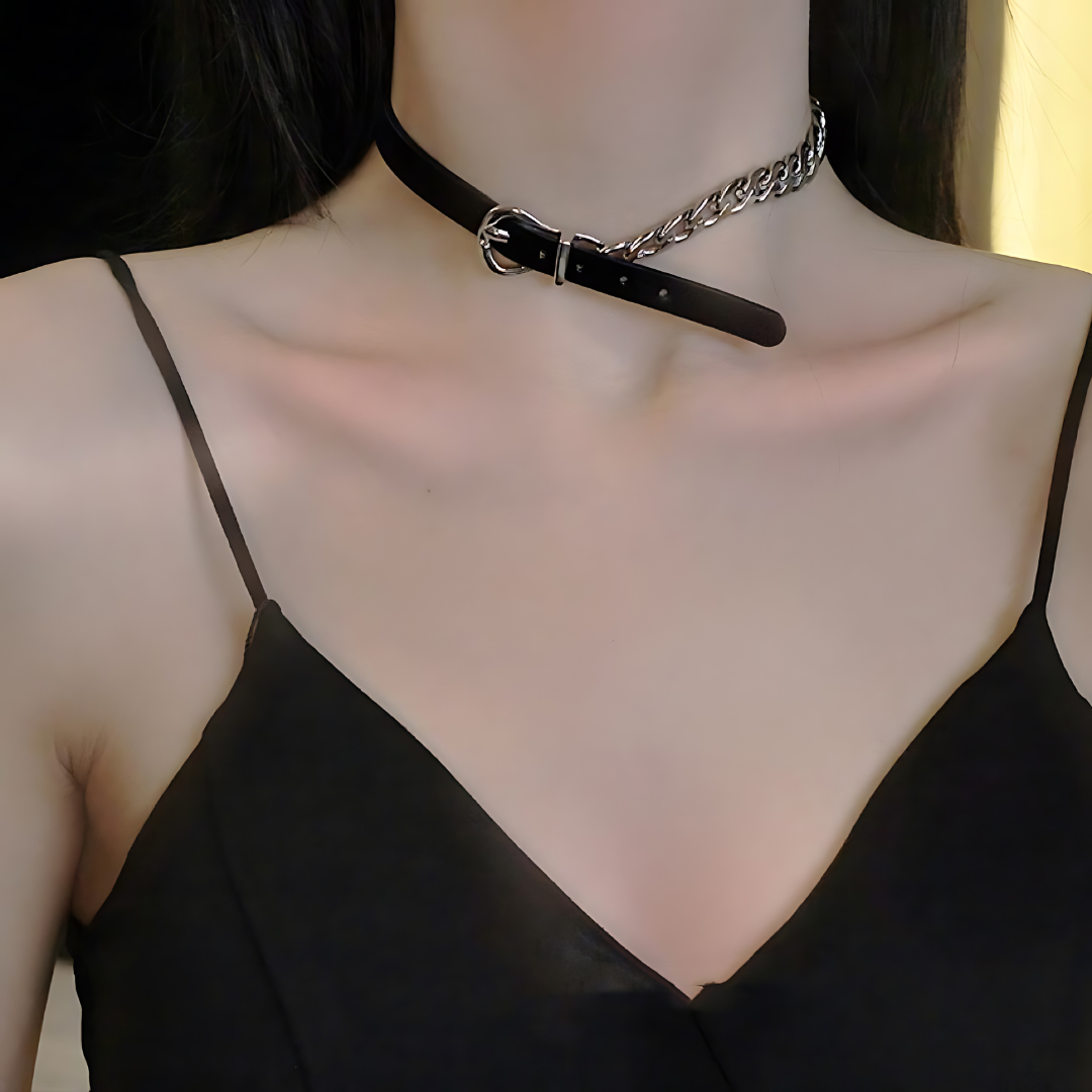 Asymmetric Cool Leather Half Chain Choker Necklace for Women | Gothic Punk Rock Fashion Accessory | Perfect for Concerts, Parties and Everyday Wear | HN940
