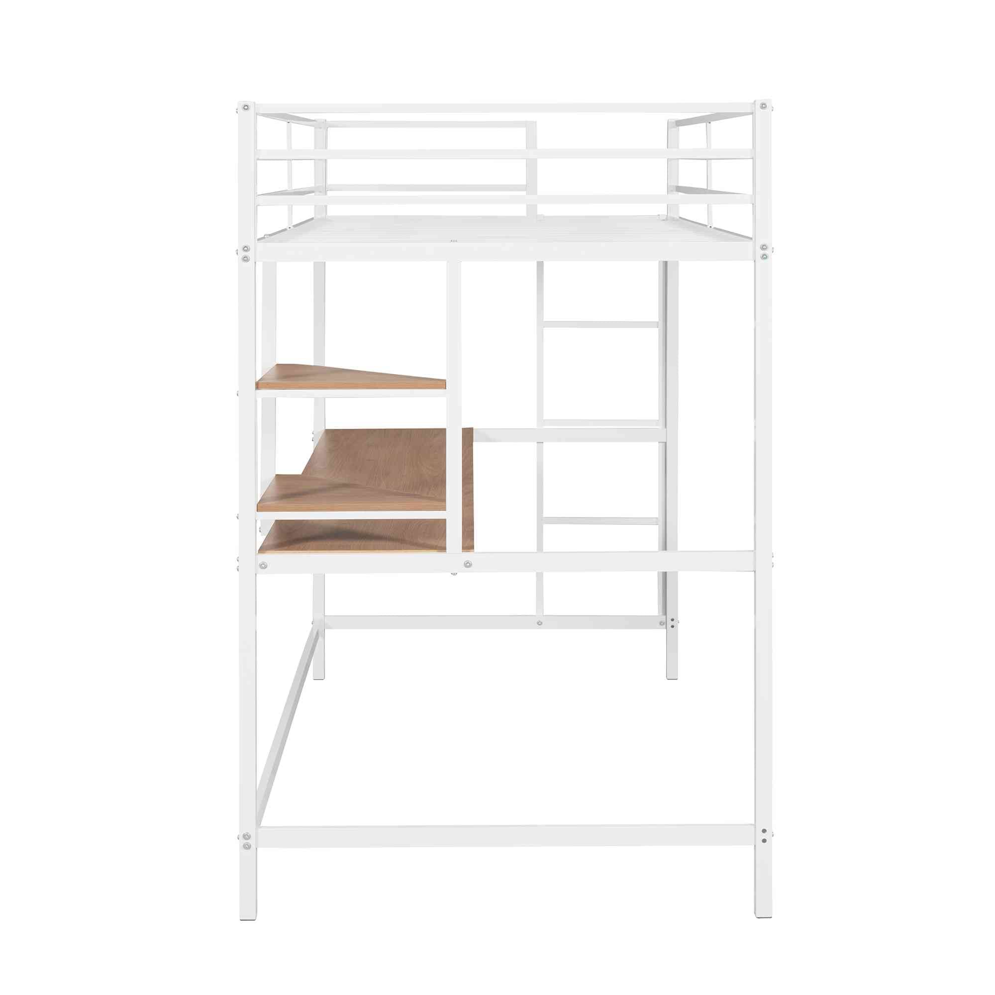 ATY White Metal Twin Size Loft Bed with Desk & Shelves - Space Saving Steel Bed Frame with Ladder for Small Bedroom, Dorm Room - Easy Assembly Study & Sleep Solution for Teens & College Students