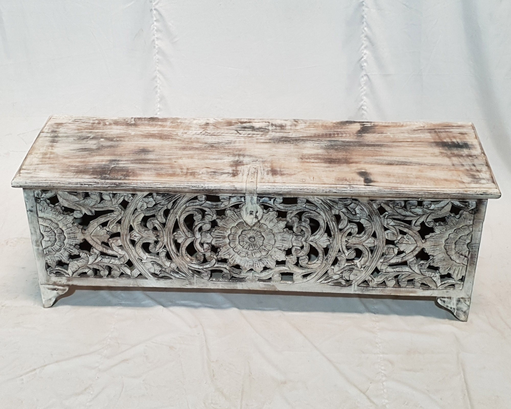 French Hand Carved Blanket Box - Whitewashed Rustic Storage Chest 55x17x20 Inches - Perfect for Bedroom, Living Room & Farmhouse Decor