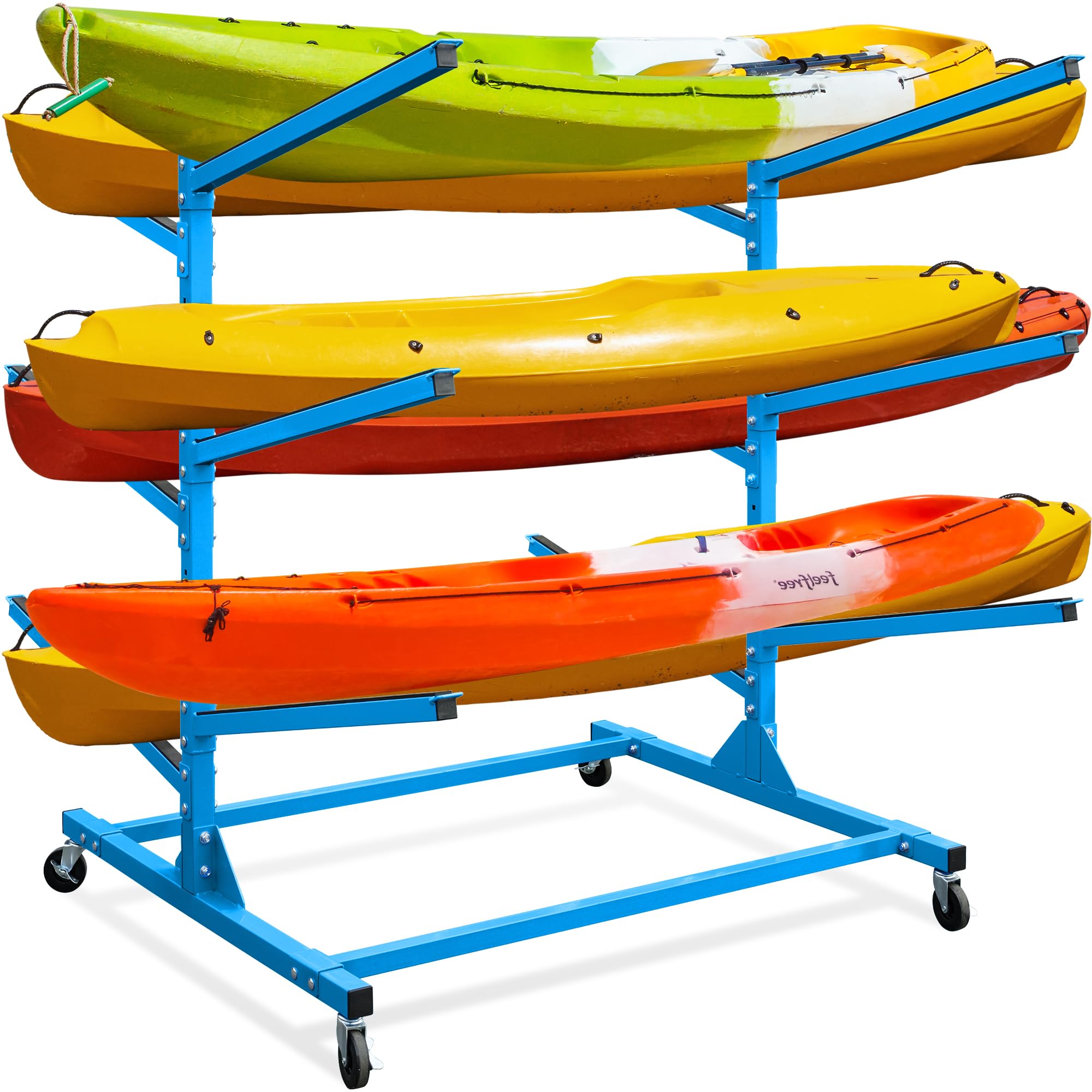 Heavy Duty Adjustable Metal Kayak Storage Rack for 6 Kayaks - Indoor Outdoor Canoe, SUP, Paddle Board & Surfboard Stand with Lockable Wheels | Portable Garage & Backyard Boat Storage Solution for Easy Organization
