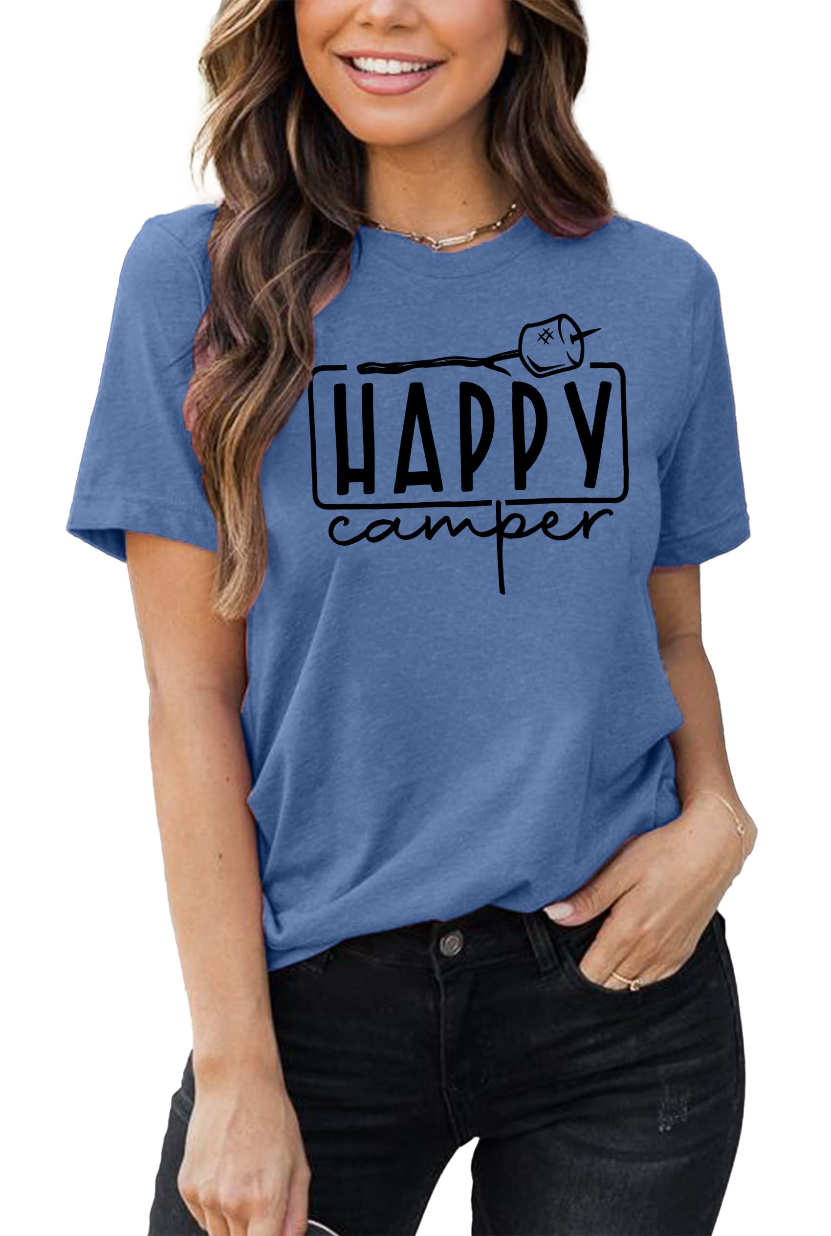 Happy Camper Graphic T-Shirt for Women - Funny Marshmallow Print Casual Summer Camping Tee - Perfect for Outdoor Adventures, Bonfires & Cozy Nights