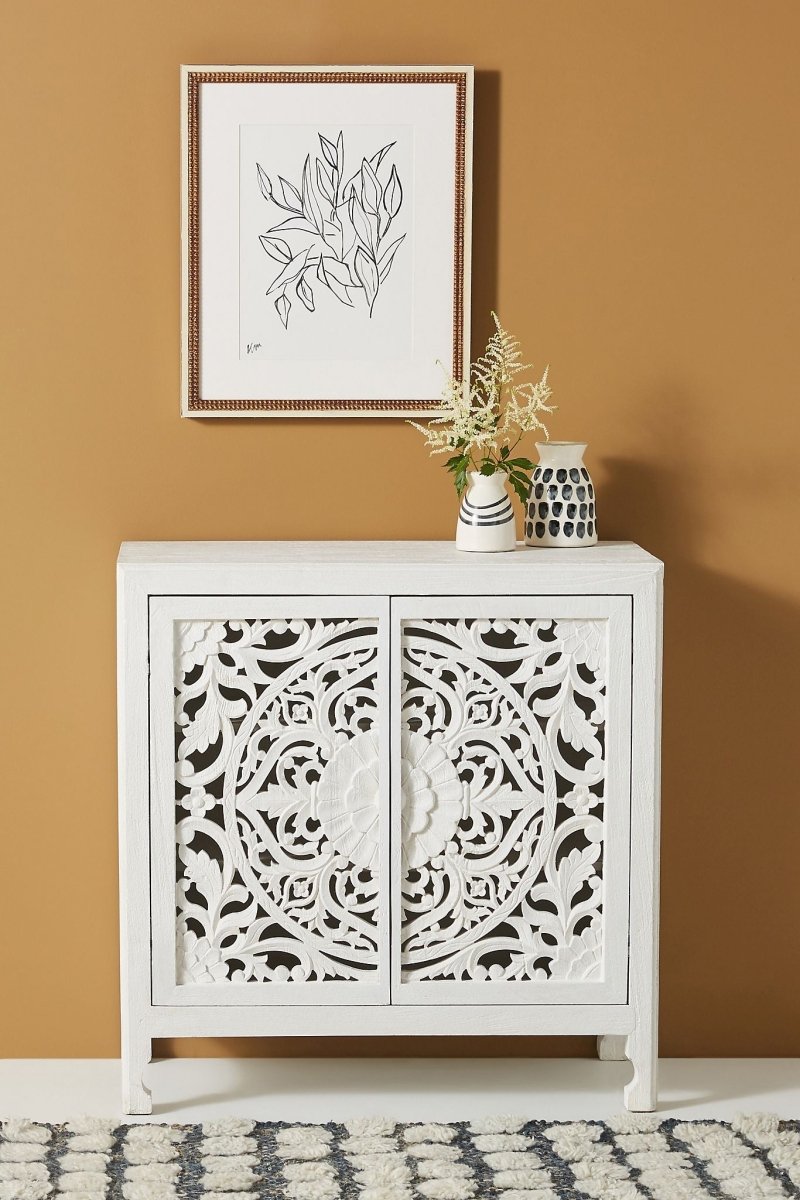 Hand Carved White Lombok Entryway Cabinet - Handmade Wooden Storage Unit with 3 Shelves | Solid Teak Wood Hallway Organizer for Shoes, Keys & Decor | Perfect for Entryway, Foyer & Living Room Storage