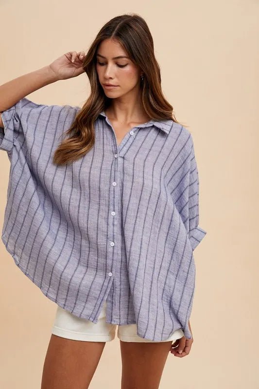 Annie Women's Striped Button Up Half Sleeve Shirt - Casual Office Wear & Summer Outfits