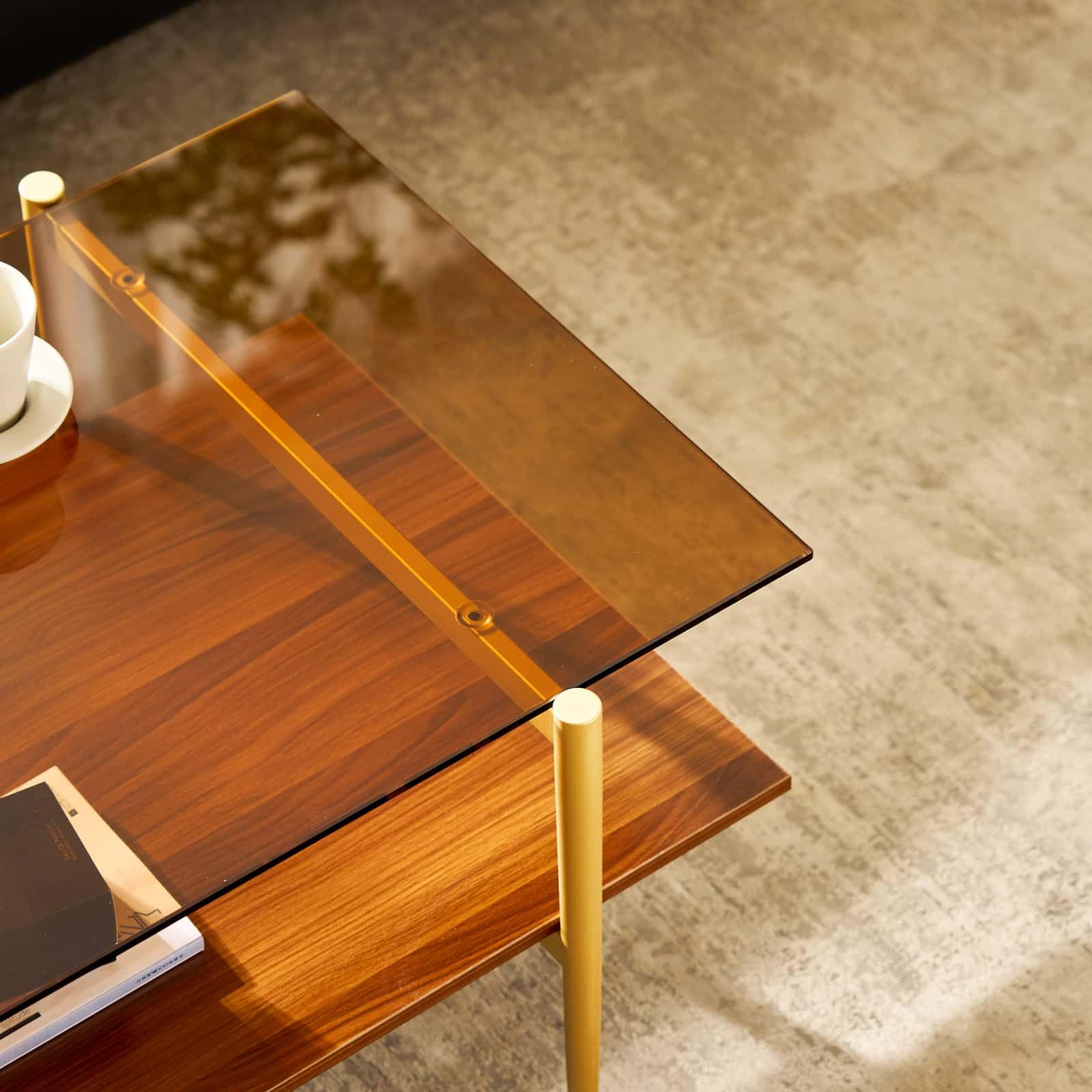 AGV LIGHTING Modern Double Layer Coffee Table with Gold Frame, Coffee Brown Glass & Walnut Wood Top - Stylish Living Room Center Table for Small Spaces, Apartments and Lounge Areas