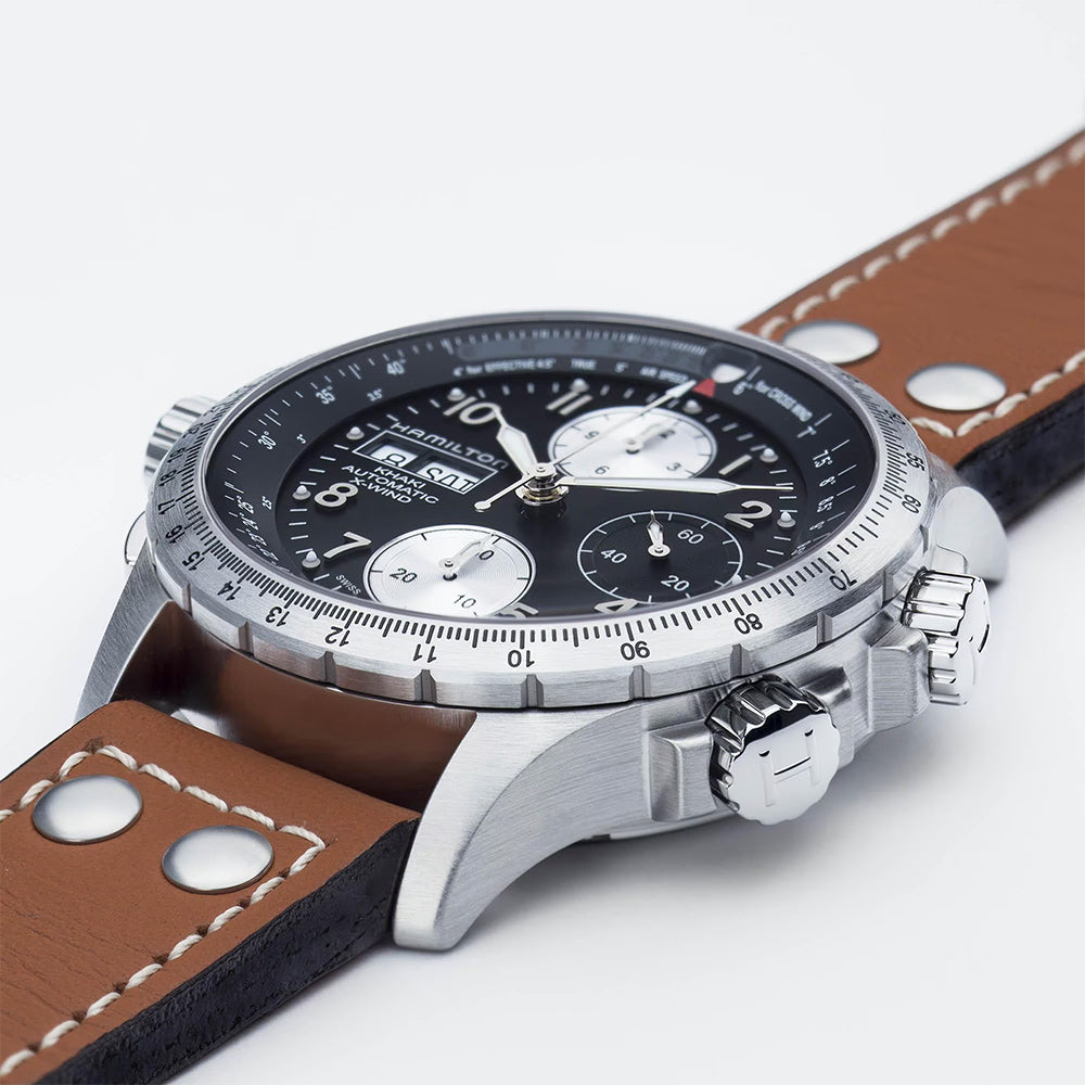 Khaki Aviation X Wind Automatic Chronograph Watch 44mm - Black Dial with Leather Strap for Men | Pilot & Casual Wear | Perfect for Aviation Enthusiasts & Everyday Use