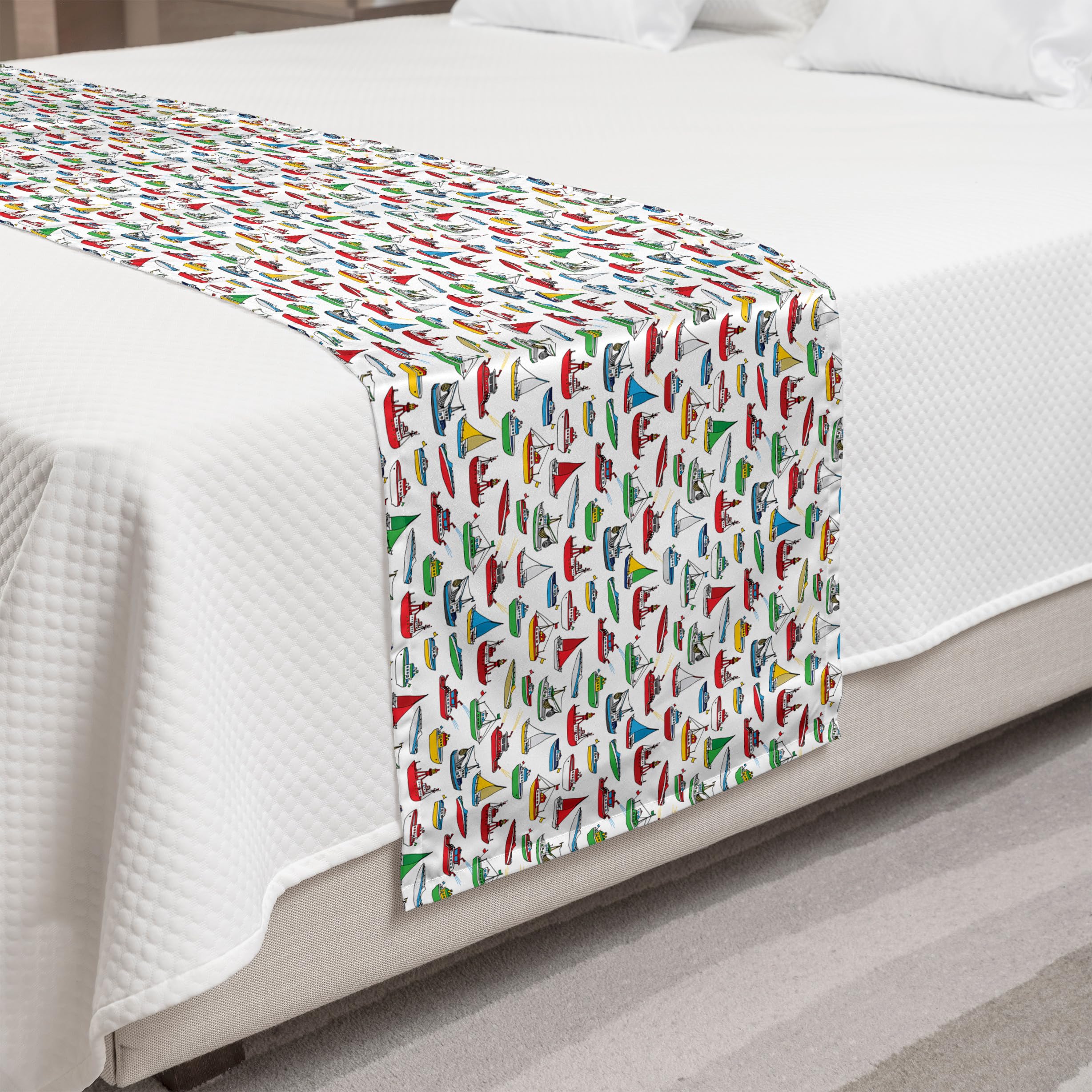 Ambesonne Nautical Bed Runner - Colorful Boat & Fishing Trawler Design, Decorative Bed Scarf for Home, Hotel & Guest Room Decor | Perfect for Coastal, Beach House & Nautical Theme Bedrooms