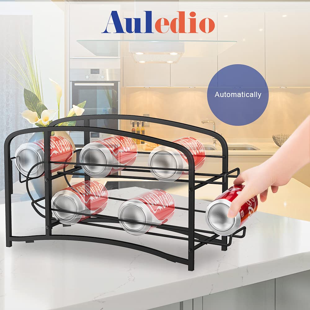 AULEDIO Stackable Beverage Can Dispenser Rack - 2 Pack Black Canned Food Organizer for Pantry & Refrigerator Storage | Perfect for Soda, Beer & Energy Drink Organization at Home or Office