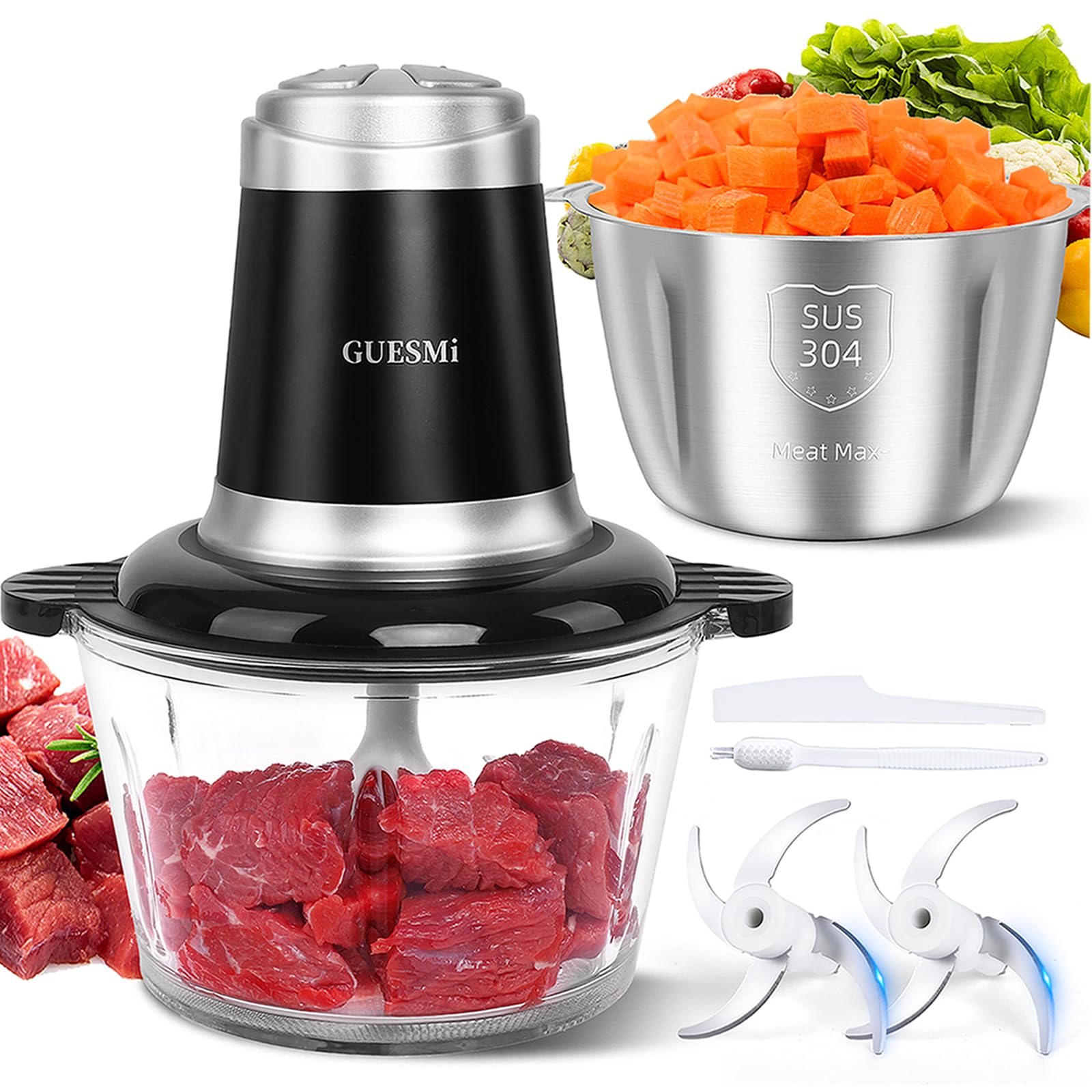 GUESMi 500W Electric Food Processor - Powerful Meat Grinder & Vegetable Chopper with 2 Stainless Steel Bowls (8 Cup Each) & Dual Blades - Perfect for Chopping Onions, Garlic, Nuts & Grinding Meat - Ideal for Meal Prep, Cooking & Baking