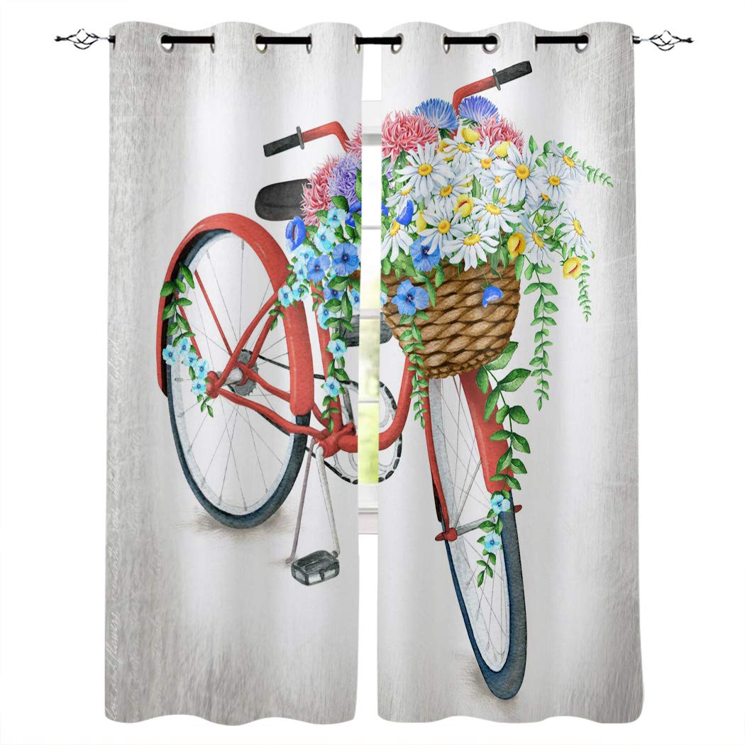 Bicycle Print Window Curtain Panels with Grommet Top - 52x84 Inch Blackout Drapes for Bedroom & Living Room - Modern Home Decor for Privacy & Light Control