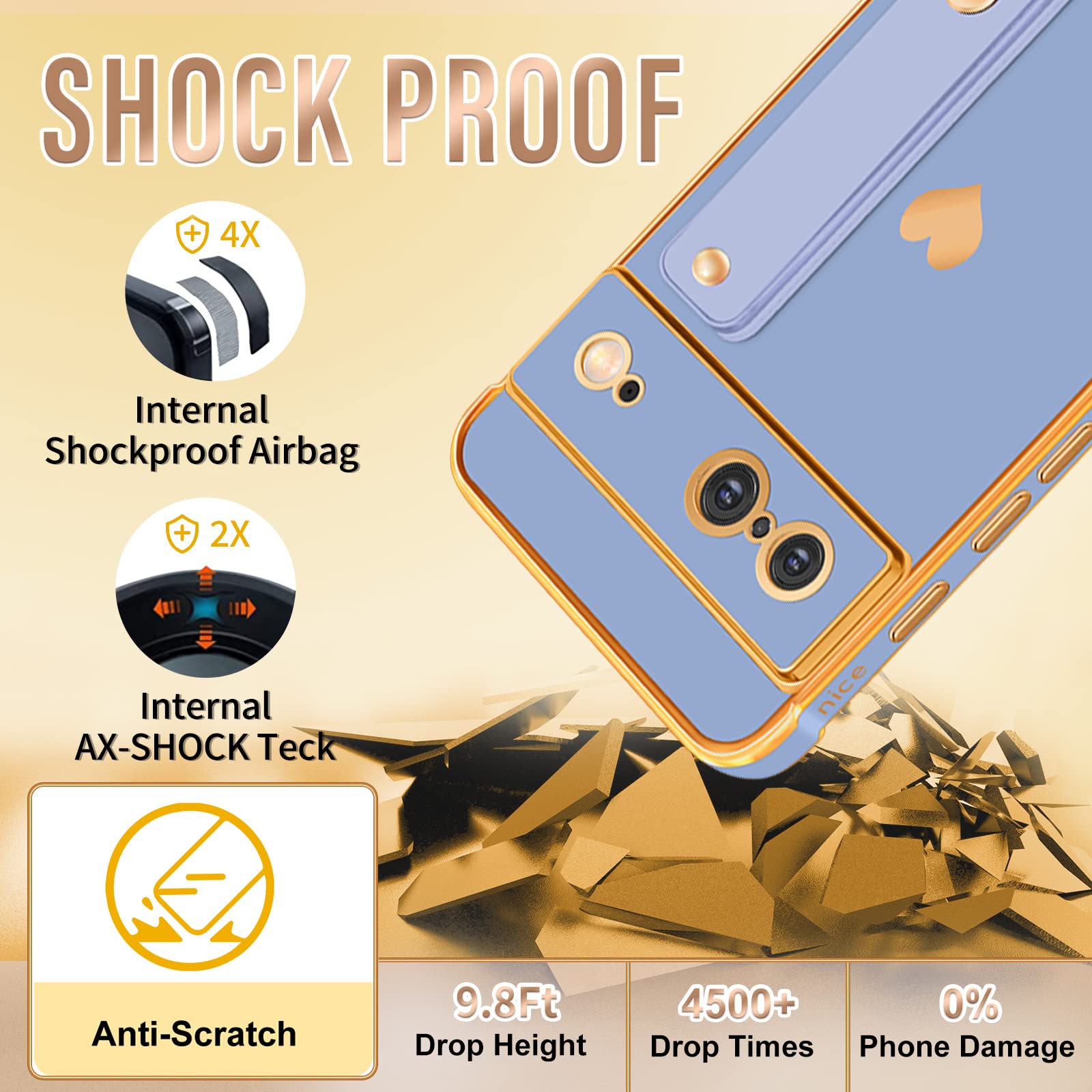 Coralogo Heart Design Google Pixel 7 Case 6.3 inch - Cute Aesthetic Phone Cover with Stand & Chain for Women (Dark Blue Gold Love Hearts) - Perfect for Everyday Use, Travel & Gift Giving