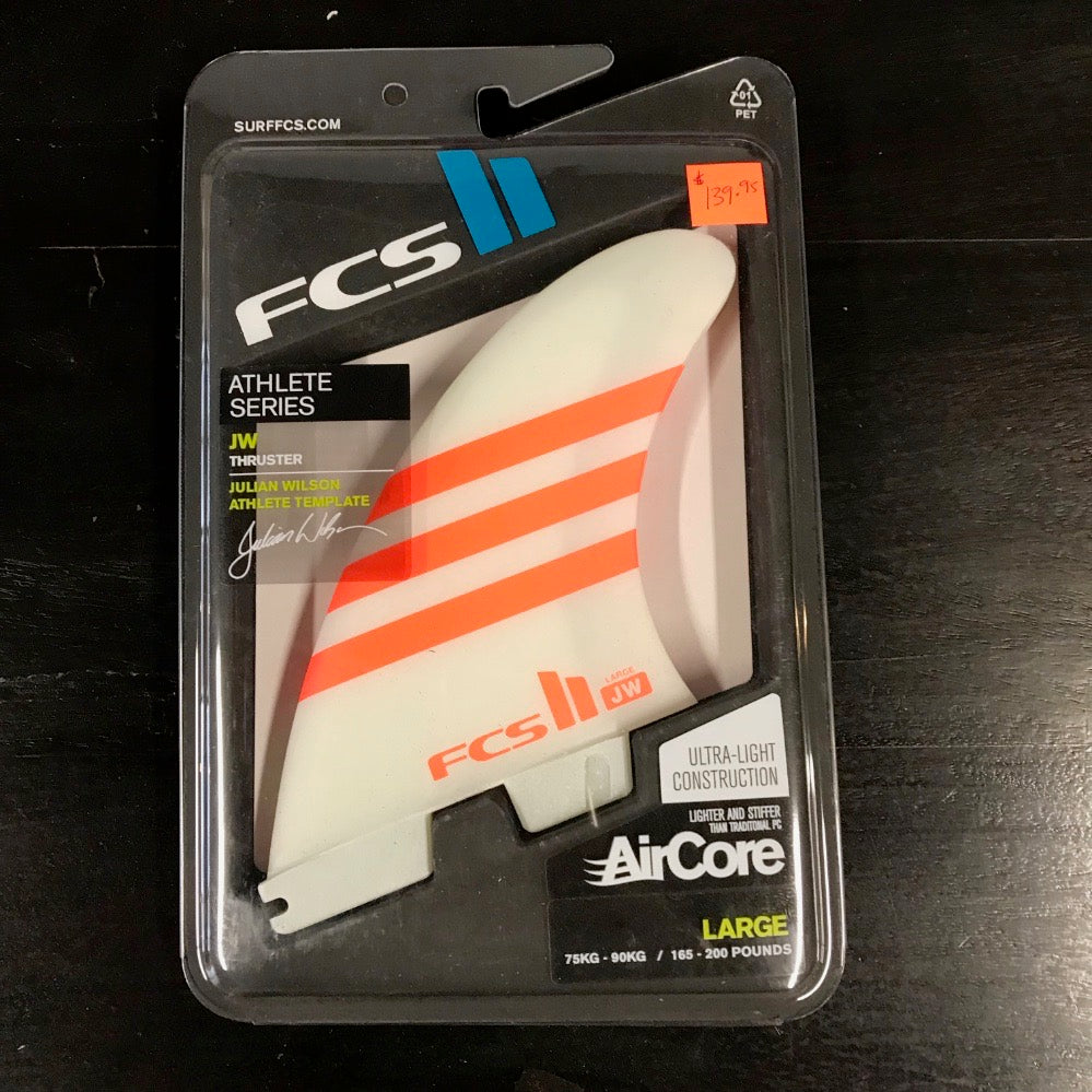 Julian Wilson FCS II THRUSTER PC AIRCORE Tri Surfboard Fins - Large Size, Orange/White - Perfect for High-Performance Surfing & Wave Riding