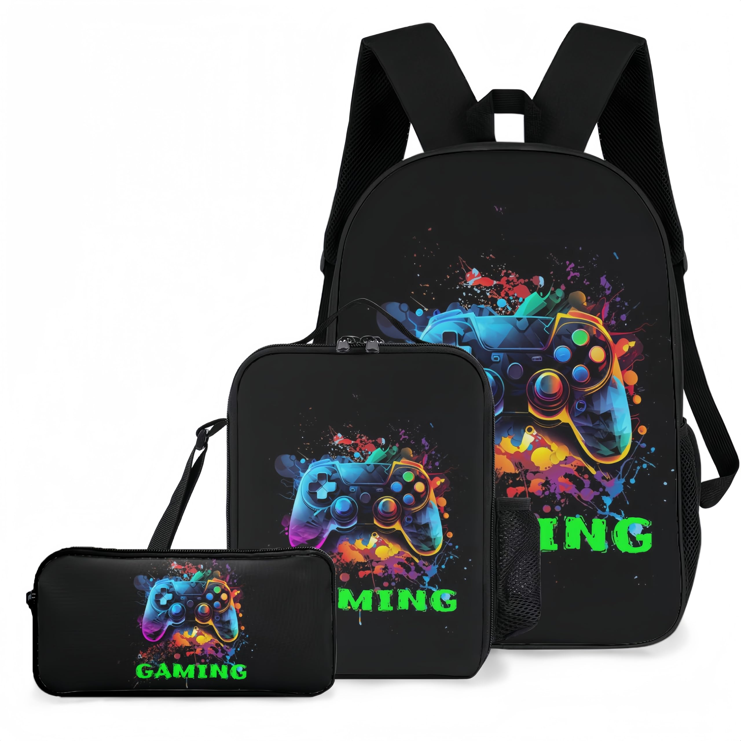 3-Piece Kids Backpack Set for School & Travel - Includes Backpack, Lunch Box & Pencil Case (Gaming Design) - Perfect for Elementary Students, Day Trips & Outdoor Adventures