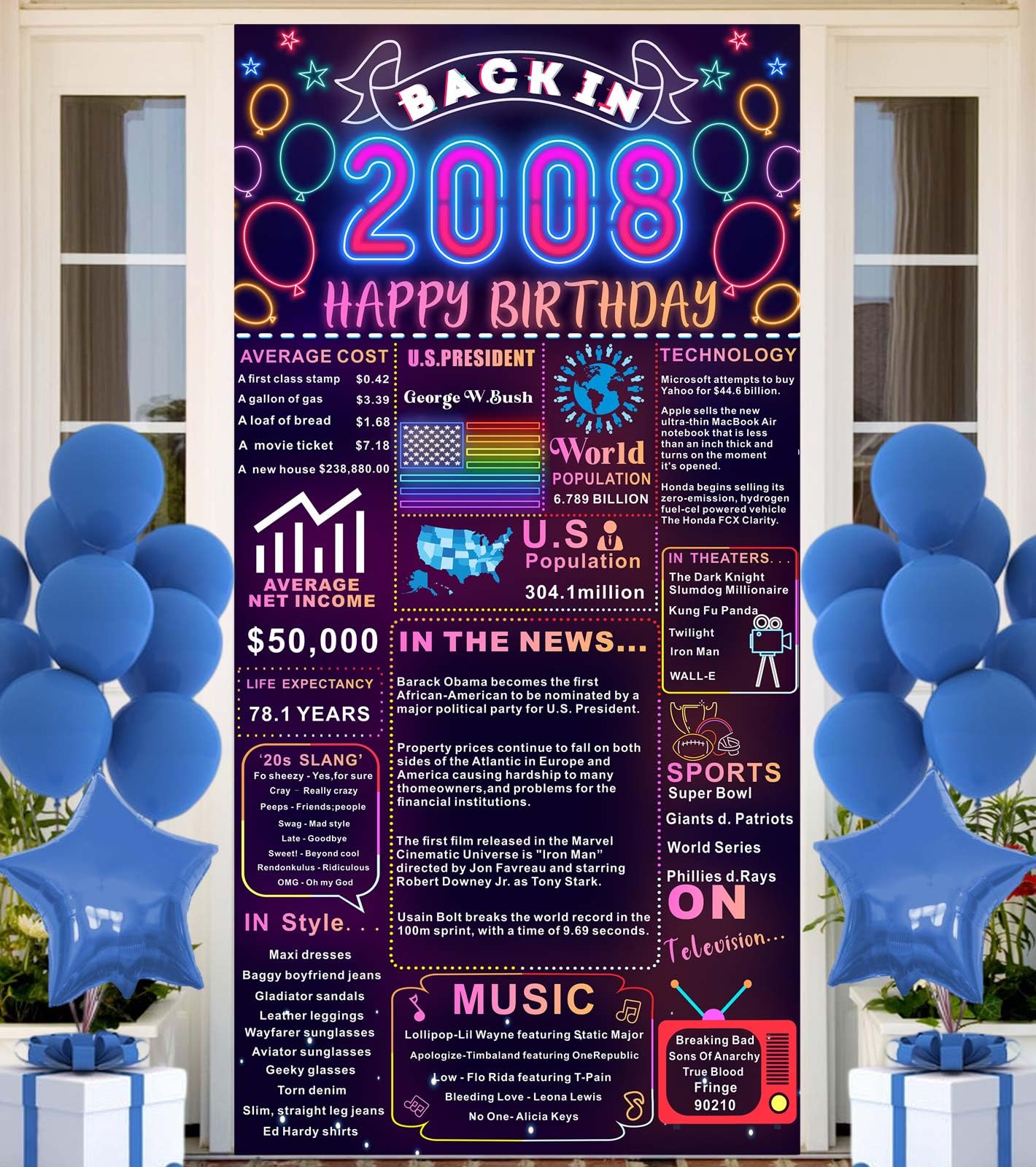 Vintage 2008 Themed 16th Birthday Decorations - Happy Sweet 16 Banner, Backdrop & Party Supplies for Boys & Girls | Neon Retro Birthday Party Decor | Perfect for Milestone Celebrations, Photo Backdrops & Themed Parties