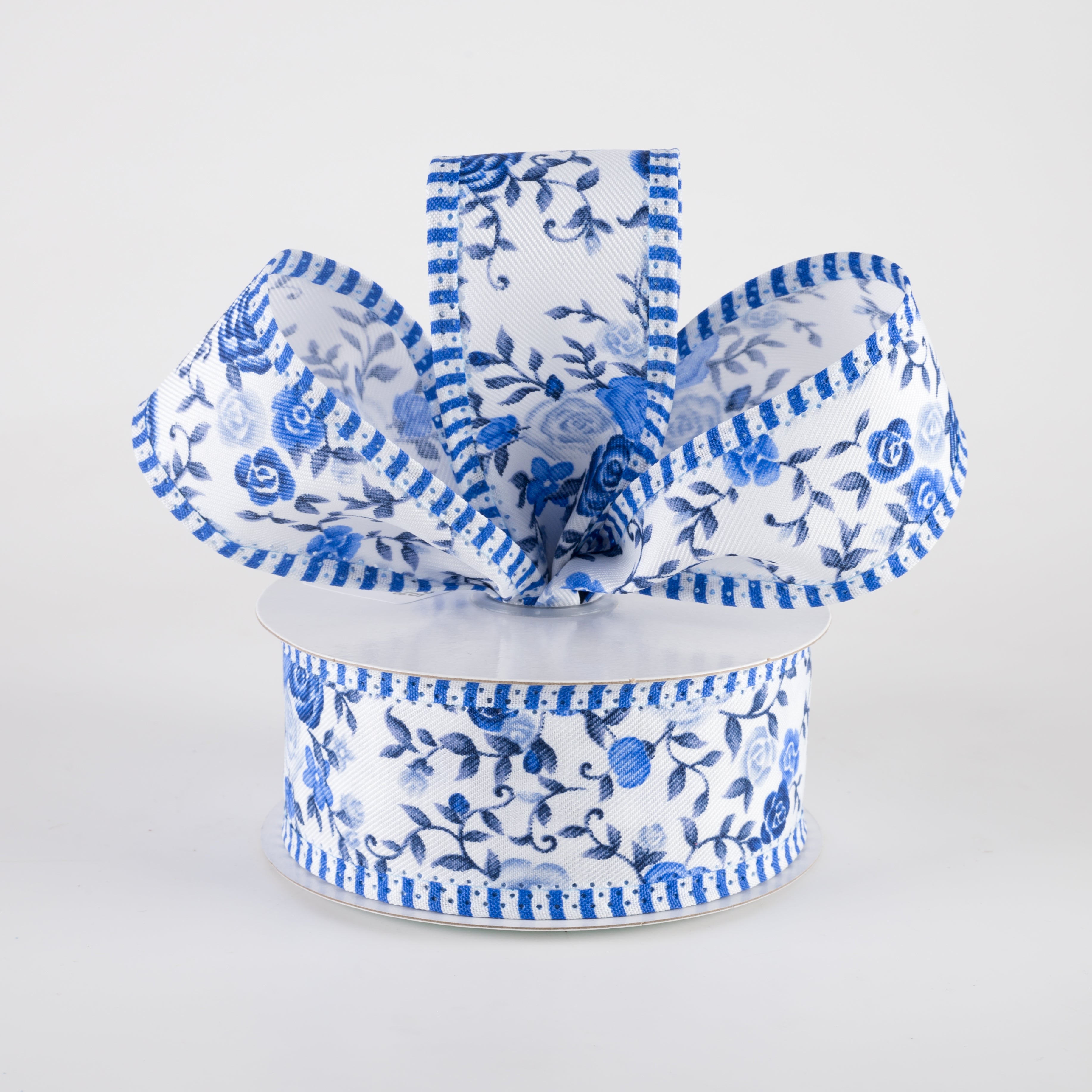 1.5 Inch Mini Roses & Stripe Edge Ribbon - Blue Decorative Ribbon (10 Yards) for Gift Wrapping, DIY Crafts, Wedding Decorations and Hair Accessories