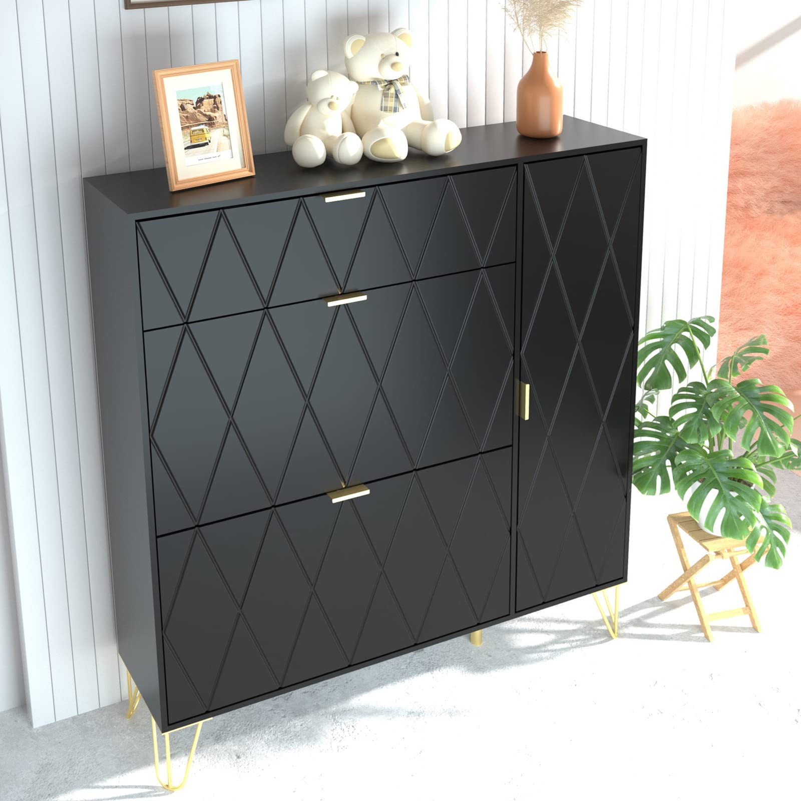 ANBUY Shoe Cabinet - Free Standing Tipping Bucket Shoe Storage with 3 Flip Drawers & Shelves - Narrow Entryway Shoe Rack Organizer for Hallway, Closet & Bedroom - Modern Space Saving Shoe Storage Solution