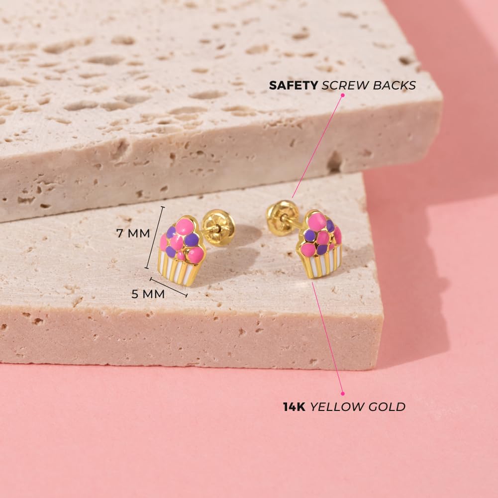 14k Yellow Gold Colorful Enamel Cupcake Screw Back Earrings for Toddlers & Girls - Cute Kids Jewelry Gift for Birthdays & Parties | Hypoallergenic, Comfortable & Fashionable