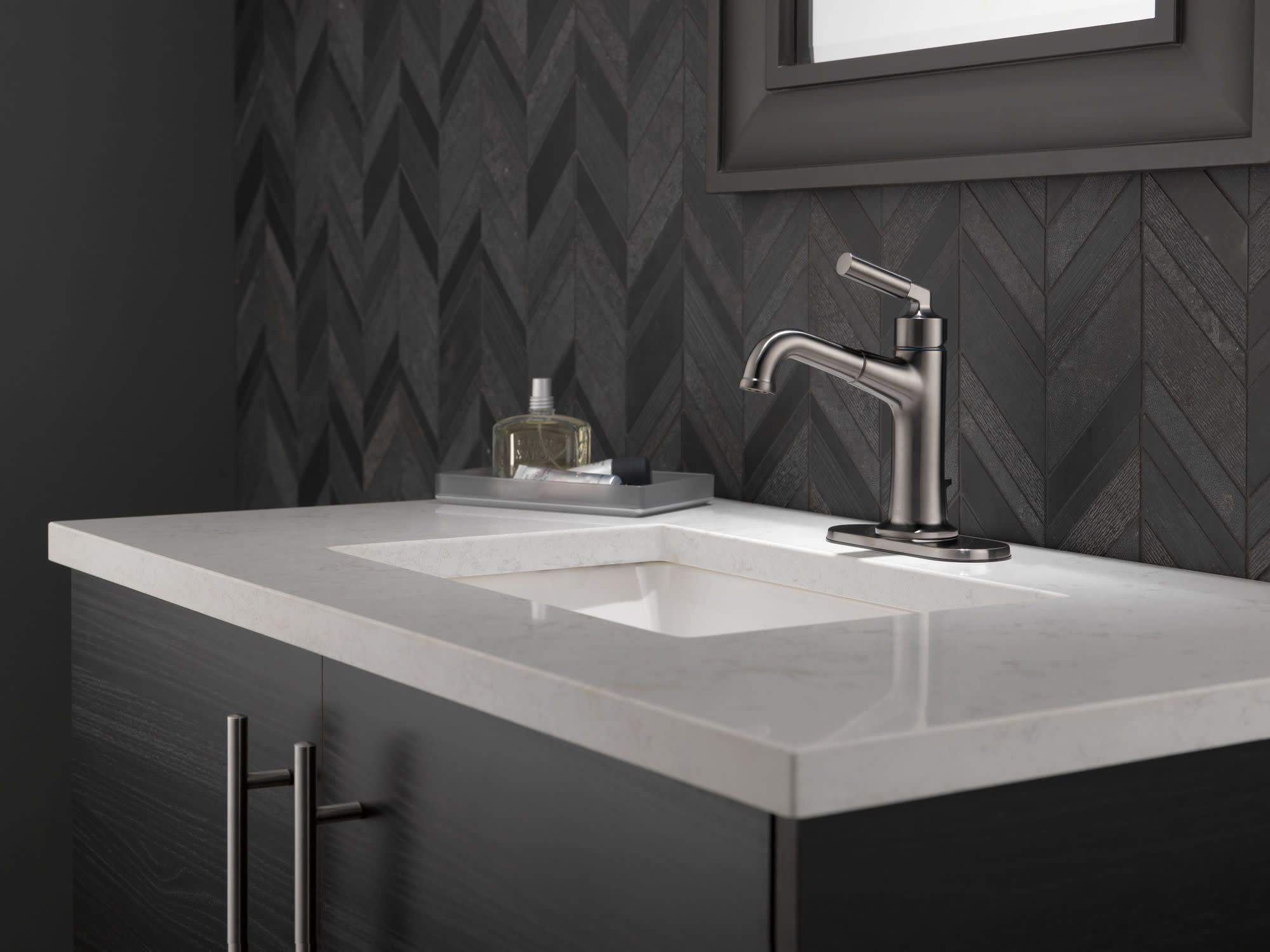 Delta 548LF-SSMPU Stainless Steel Single Hole Bathroom Sink Faucet - Modern Water-Saving Design for Vanity, Powder Room & Guest Bath Installation