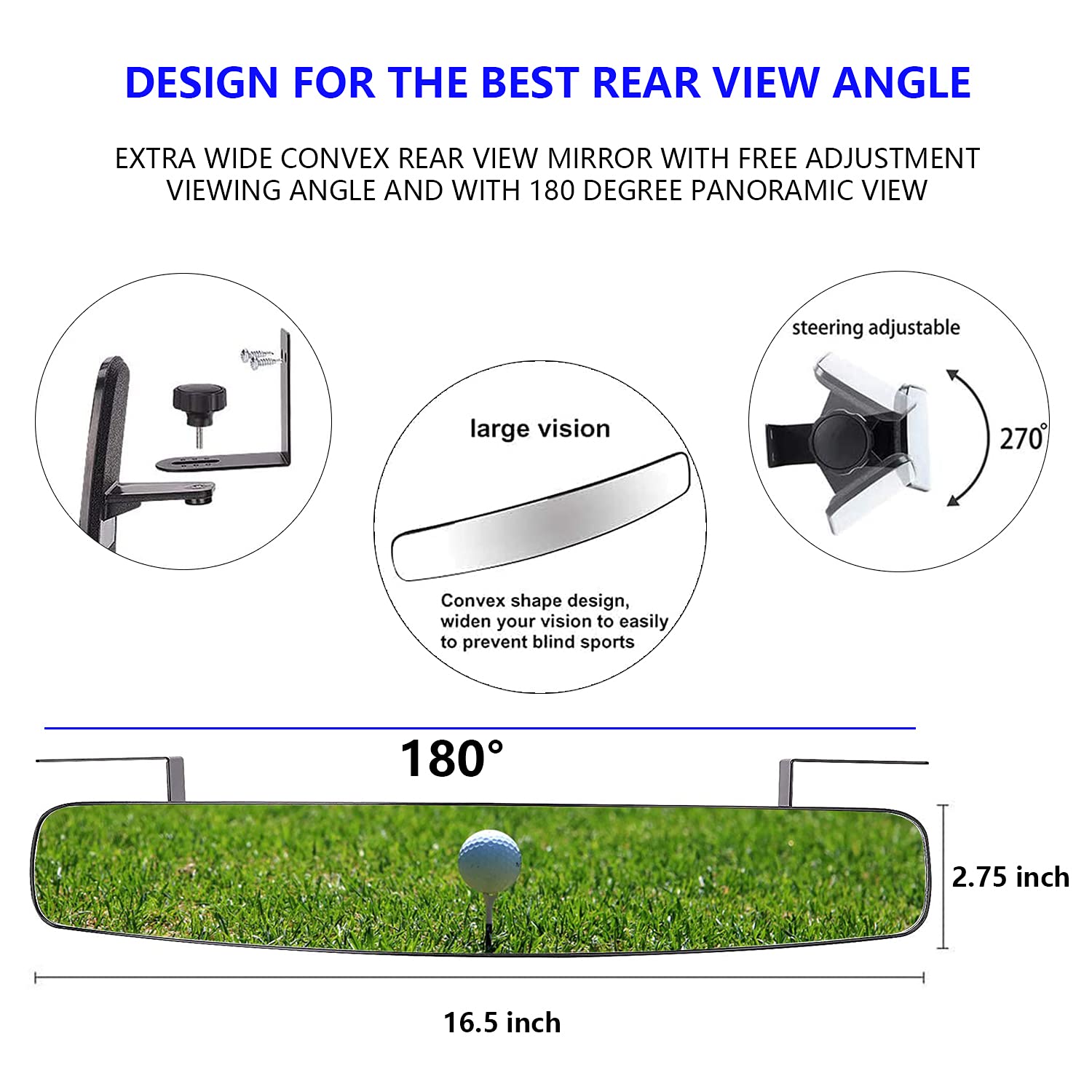 180 Degree Panoramic Golf Cart Rear View Mirror - Universal Fit, Anti-Glare (Black & White) for Enhanced Safety on Golf Courses & Neighborhood Streets