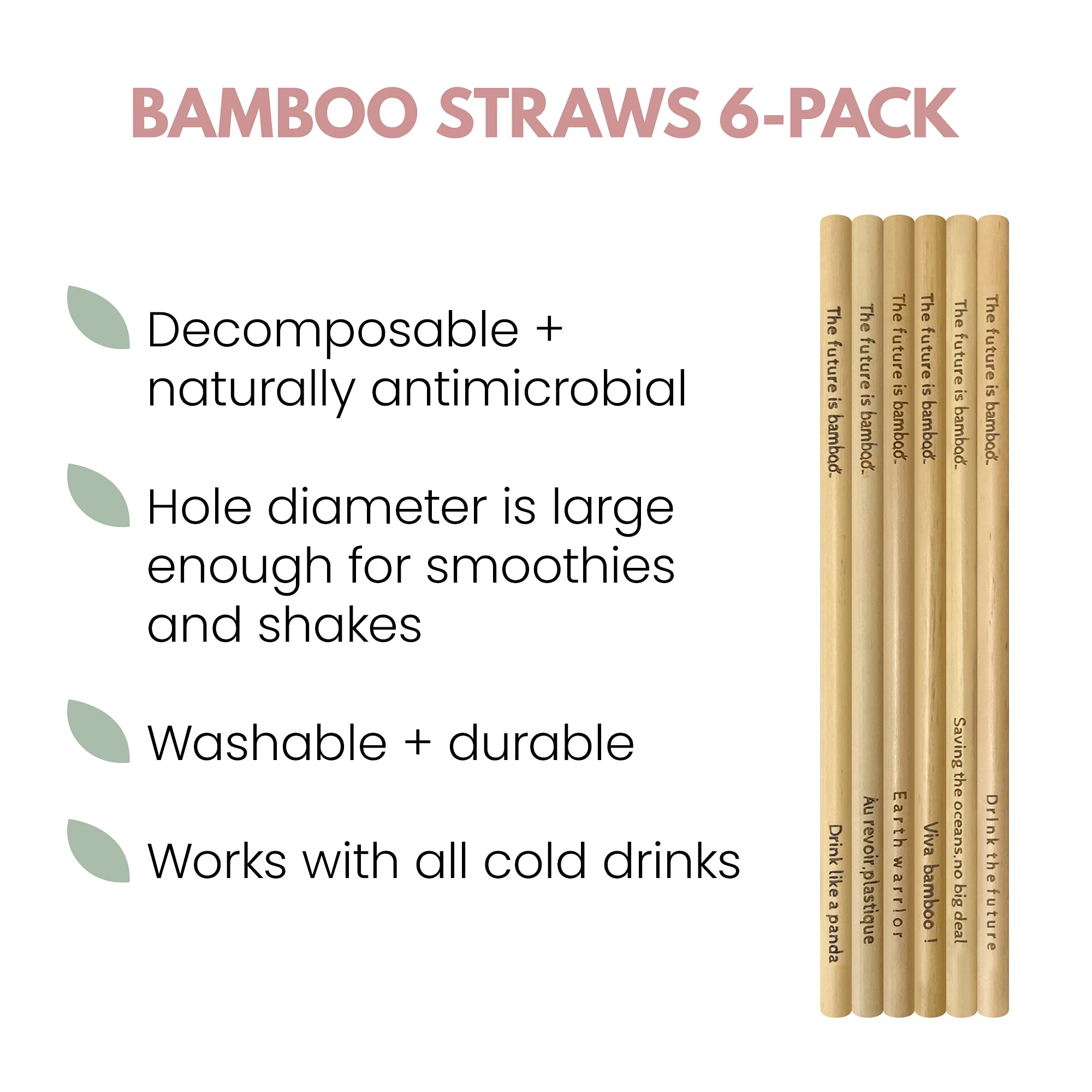 Eco-Friendly Bamboo Drinking Straws - Reusable & Biodegradable Wooden Straws for Smoothies, Cocktails & Iced Coffee - 6-Pack Set for Home, Office & Travel