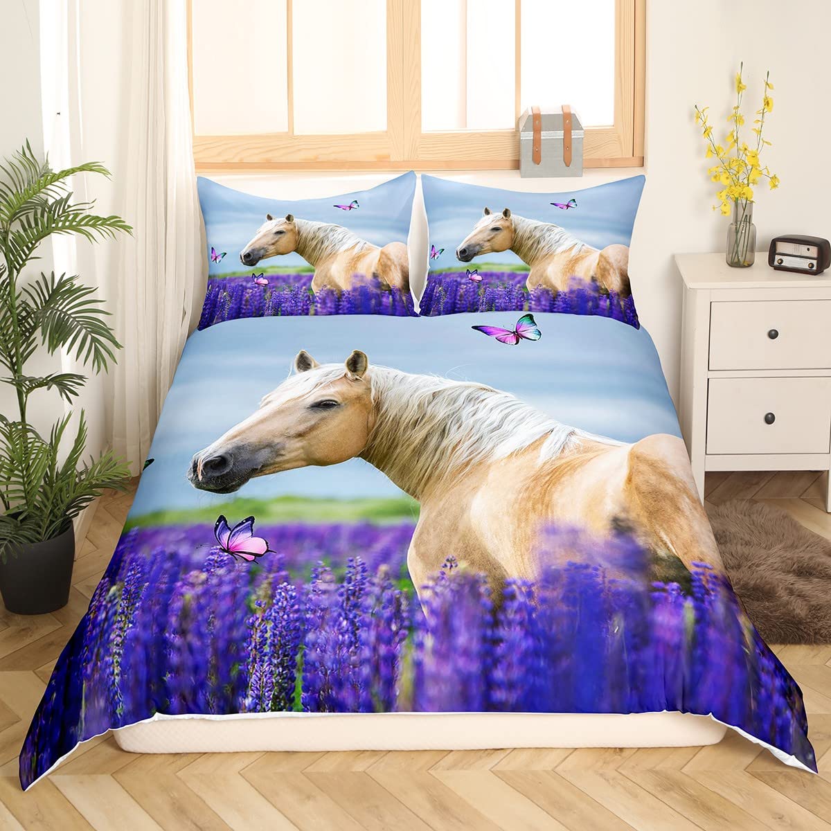 **Purple Lavender Castle Fairy Horse Twin Bedding Set – Floral Butterfly Duvet Cover with 1 Pillow Sham, Kids Boys Room Decor, Wild Animal & Natural Floral Quilt Cover Set (2 Pcs) – Perfect for Nursery, Bedroom, and Fantasy-Themed Decor**