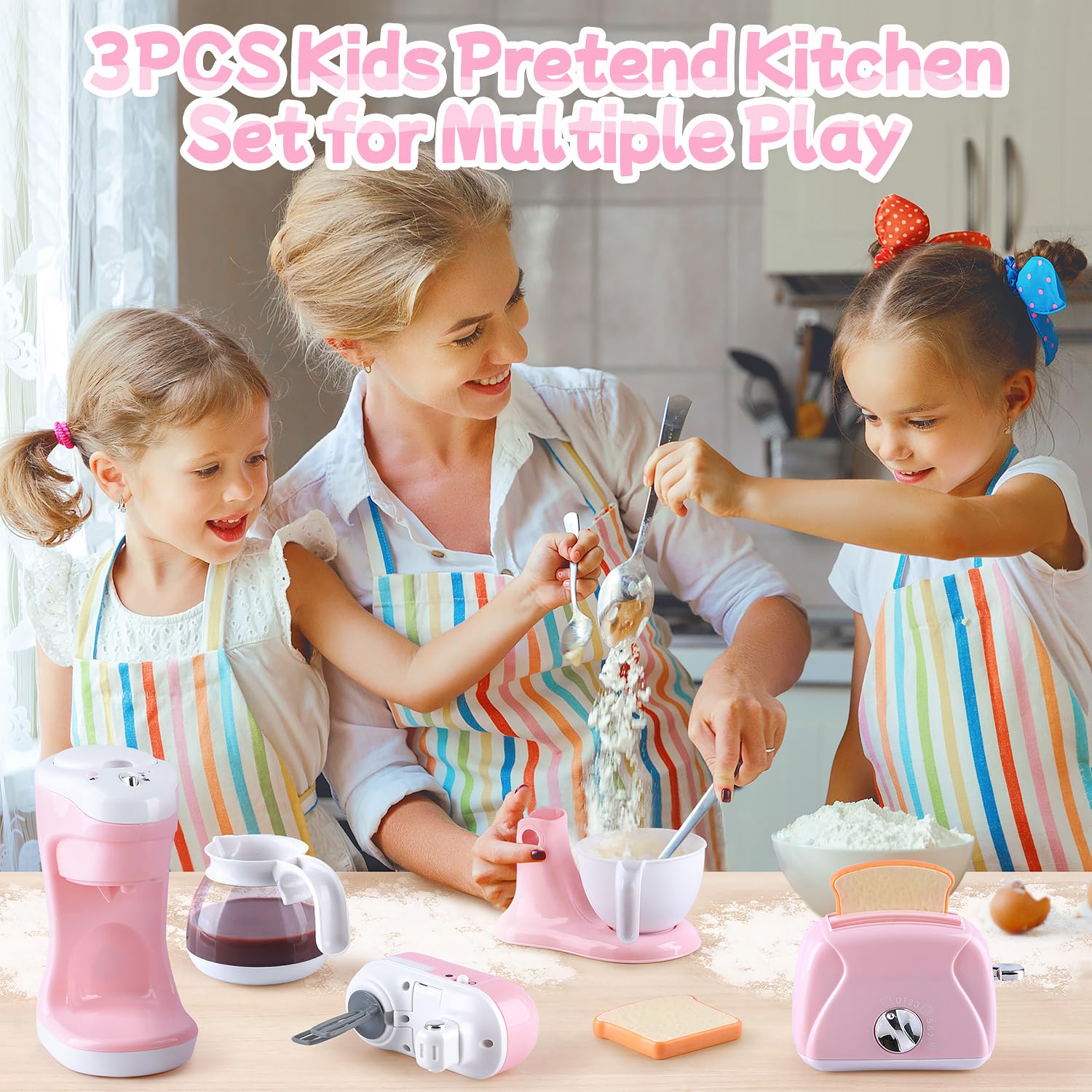 **Realistic Kids Play Kitchen Set with Coffee Maker, Mixer & Toaster - Pretend Cooking Toys for Ages 3-8, Light & Sound Effects - Perfect Gift for Girls & Boys - Fun for Role Play & Early Learning**