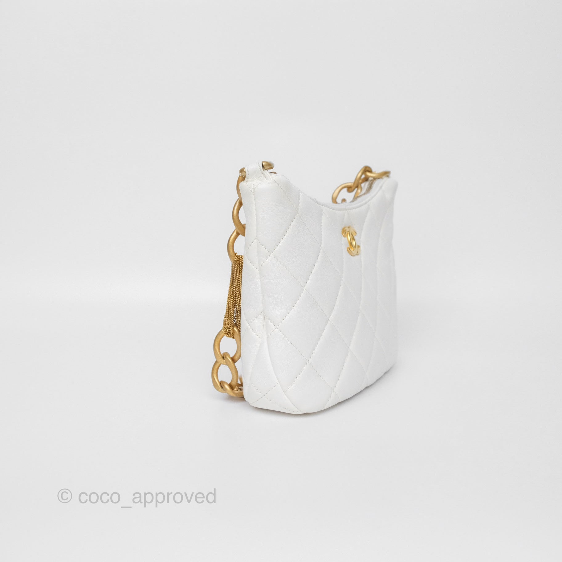 Chanel Quilted Lambskin Chain Hobo Bag in White with Aged Gold Hardware | Luxury Shoulder Bag for Women | Perfect for Parties, Weddings & Everyday Elegance