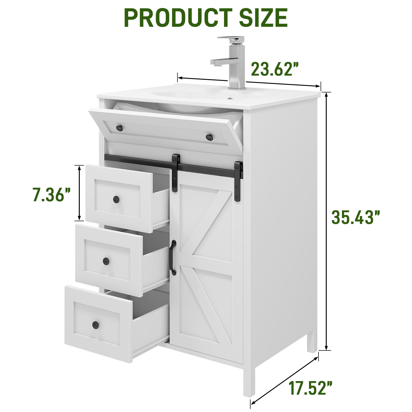 Vabches Freestanding Bathroom Vanity Set with Sink, Matte Silver Faucet, Drawers & Sliding Door - White Bathroom Storage Cabinet for Small Spaces, Modern Powder Room & Guest Bathroom Makeover