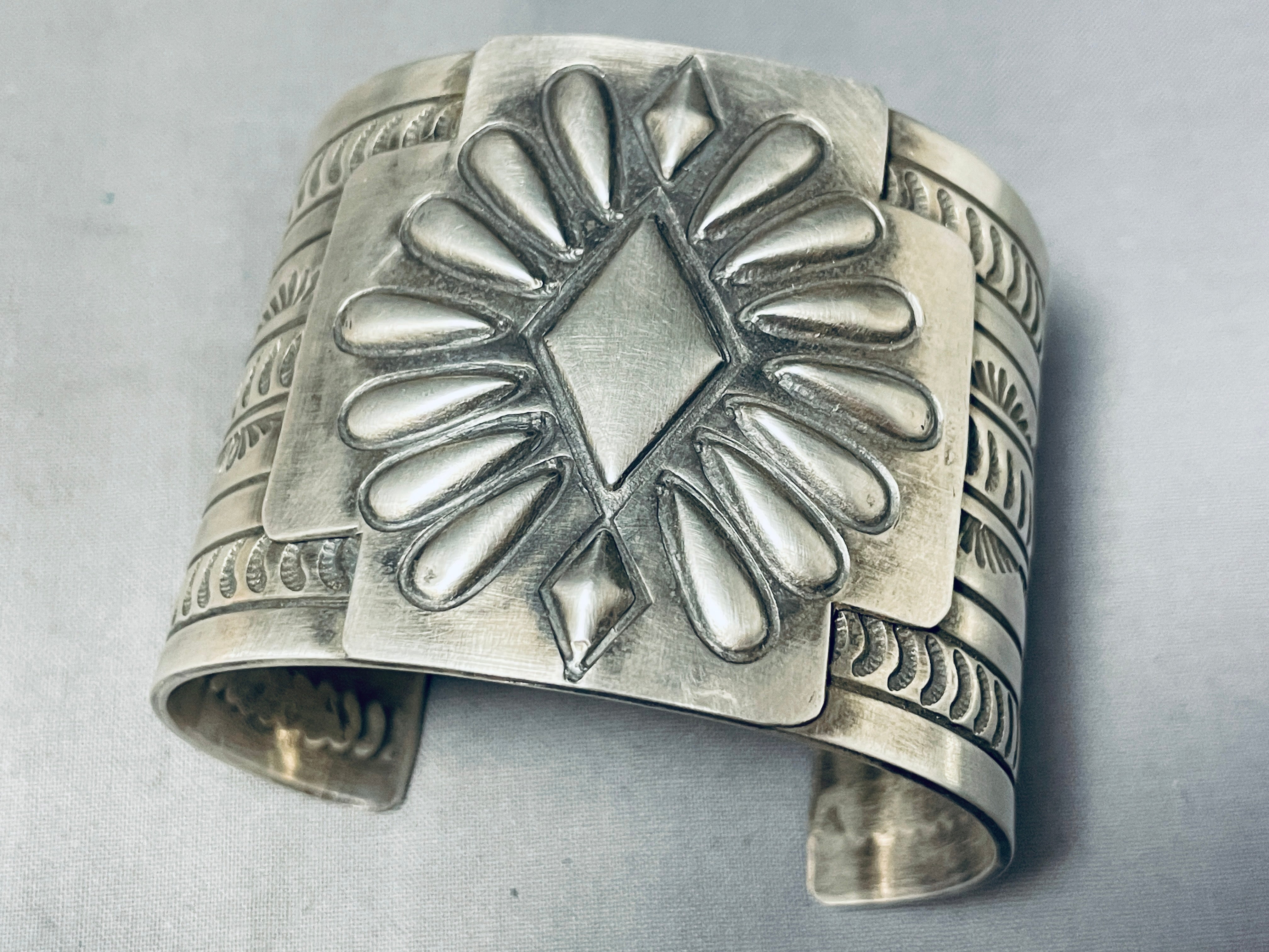 137 Grams Concho Shield Native American Navajo Sterling Silver Repoussed Bracelet - Handmade Southwest Jewelry for Women, Gift for Her, Boho Chic Accessory for Festivals & Special Occasions