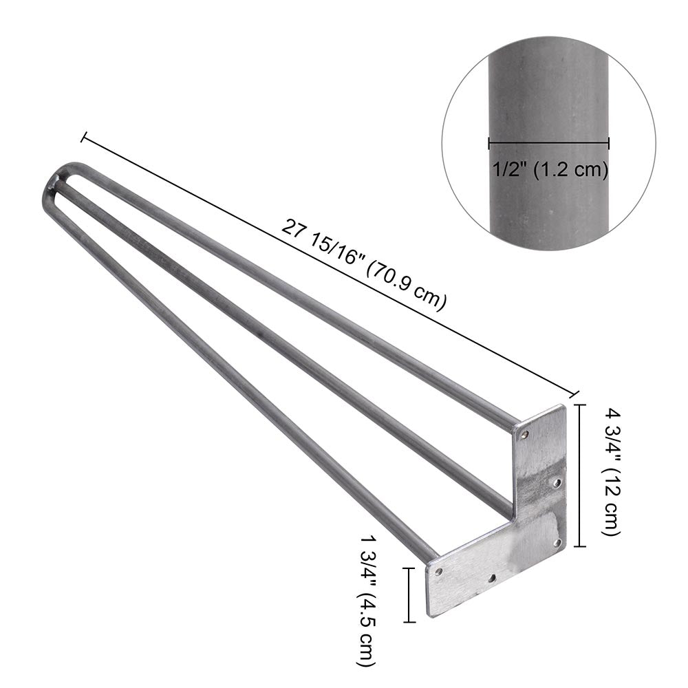 TheLAShop 28 Inch Hairpin Legs Set of 4 - 3 Rod Steel Furniture Legs in Raw Steel Finish - Perfect for DIY Coffee Tables, Benches, and Modern Furniture Projects